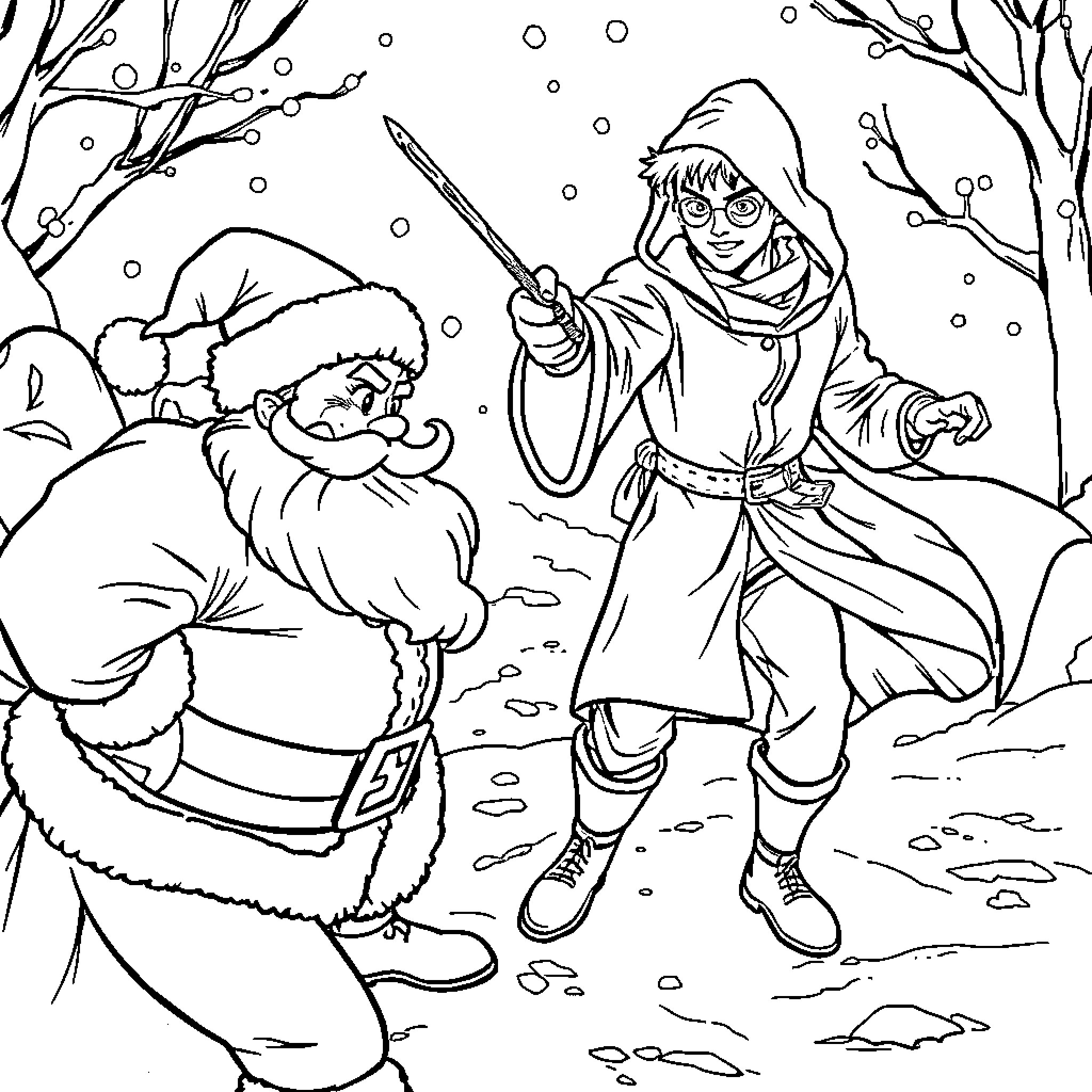 Santa and mischievous helper in winter wonderland Coloring Page (free black-and-white line drawing printable PDF for all, from beginners to advanced learners, including children, teens, adults, and seniors)