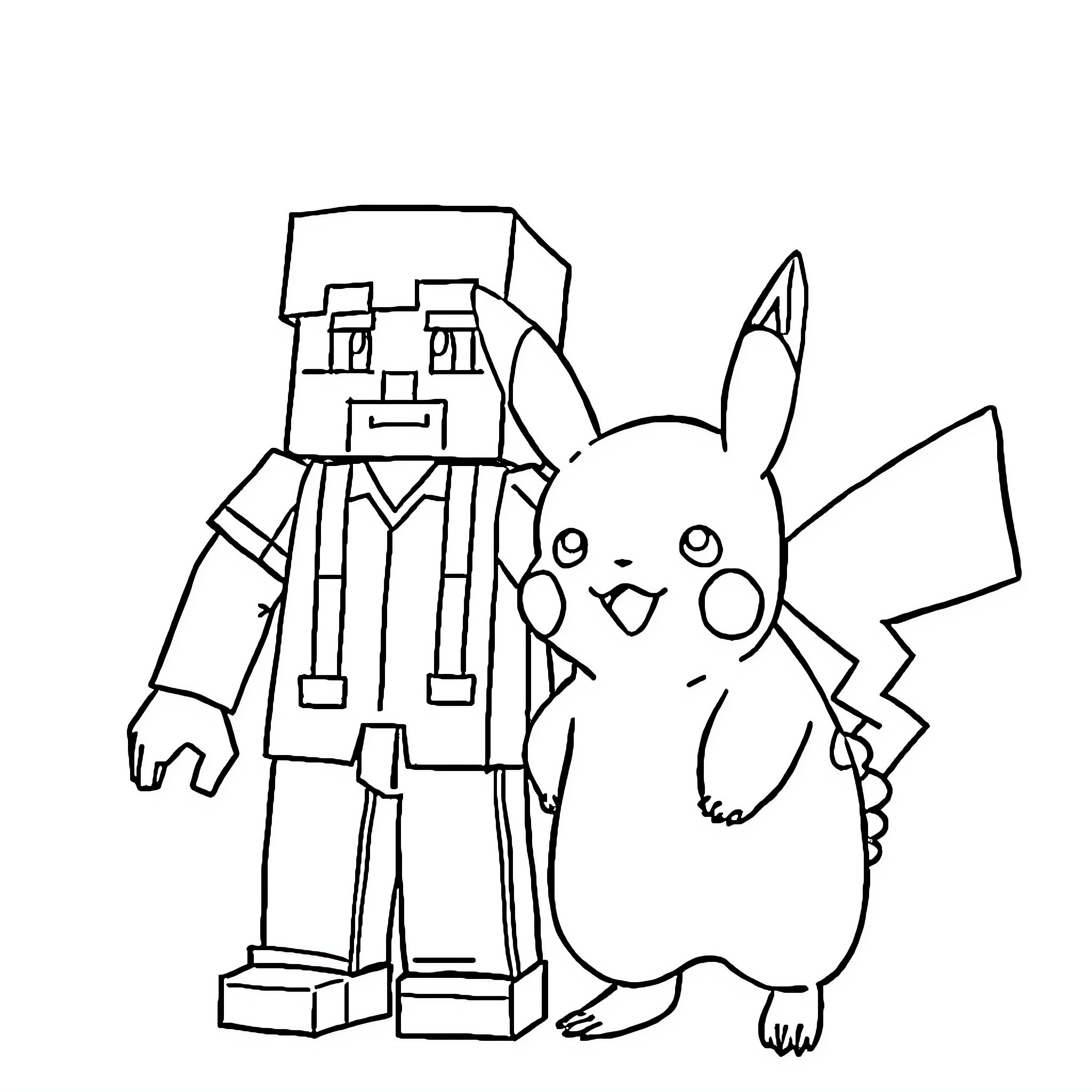 Pikachu posing with a Minecraft character Coloring Page (free black-and-white line drawing printable PDF for all, from beginners to advanced learners, including children, teens, adults, and seniors)
