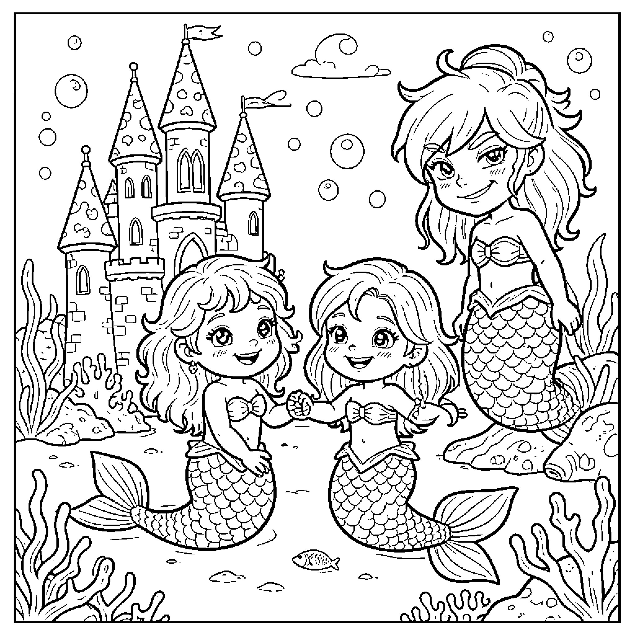 Mermaid Family in Underwater Castle Coloring Page (free black-and-white line drawing printable PDF for all, from beginners to advanced learners, including children, teens, adults, and seniors)