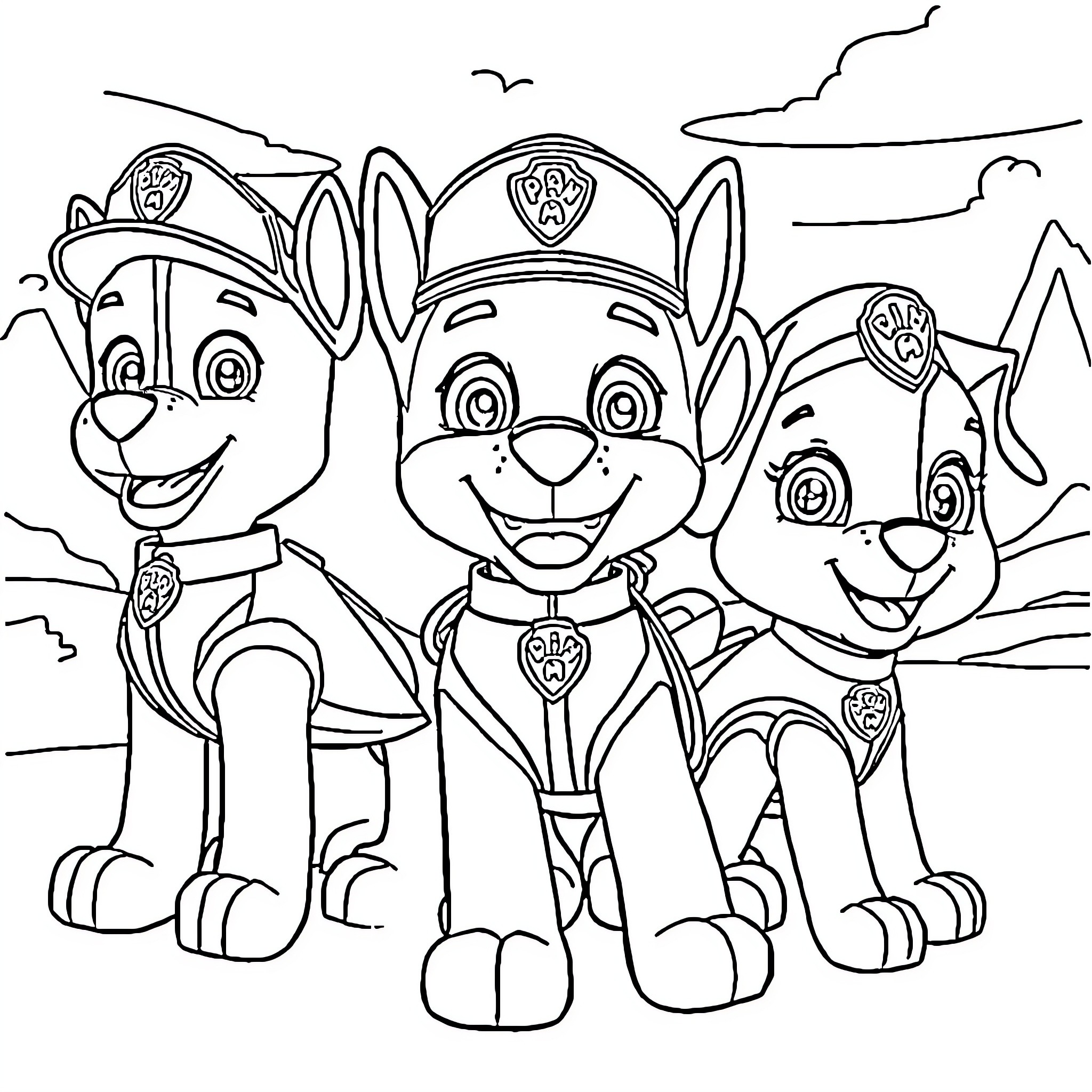 Paw Patrol Characters in Cartoon Adventure Coloring Page (free black-and-white line drawing printable PDF for all, from beginners to advanced learners, including children, teens, adults, and seniors)