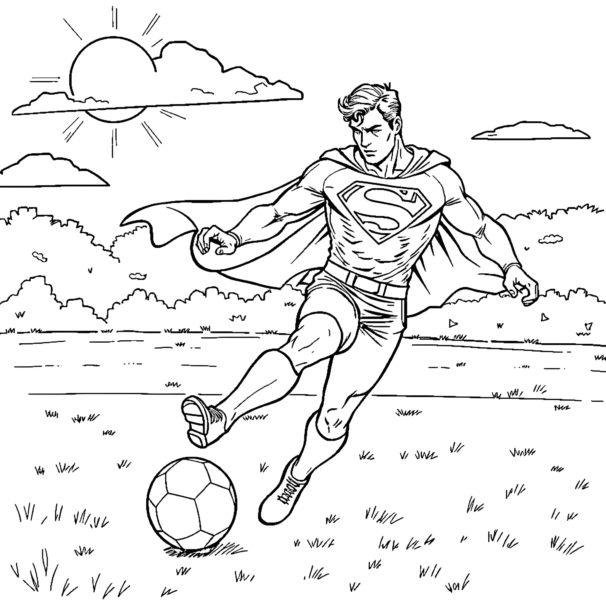 Superman playing soccer in the park Coloring Page (free black-and-white line drawing printable PDF for all, from beginners to advanced learners, including children, teens, adults, and seniors)