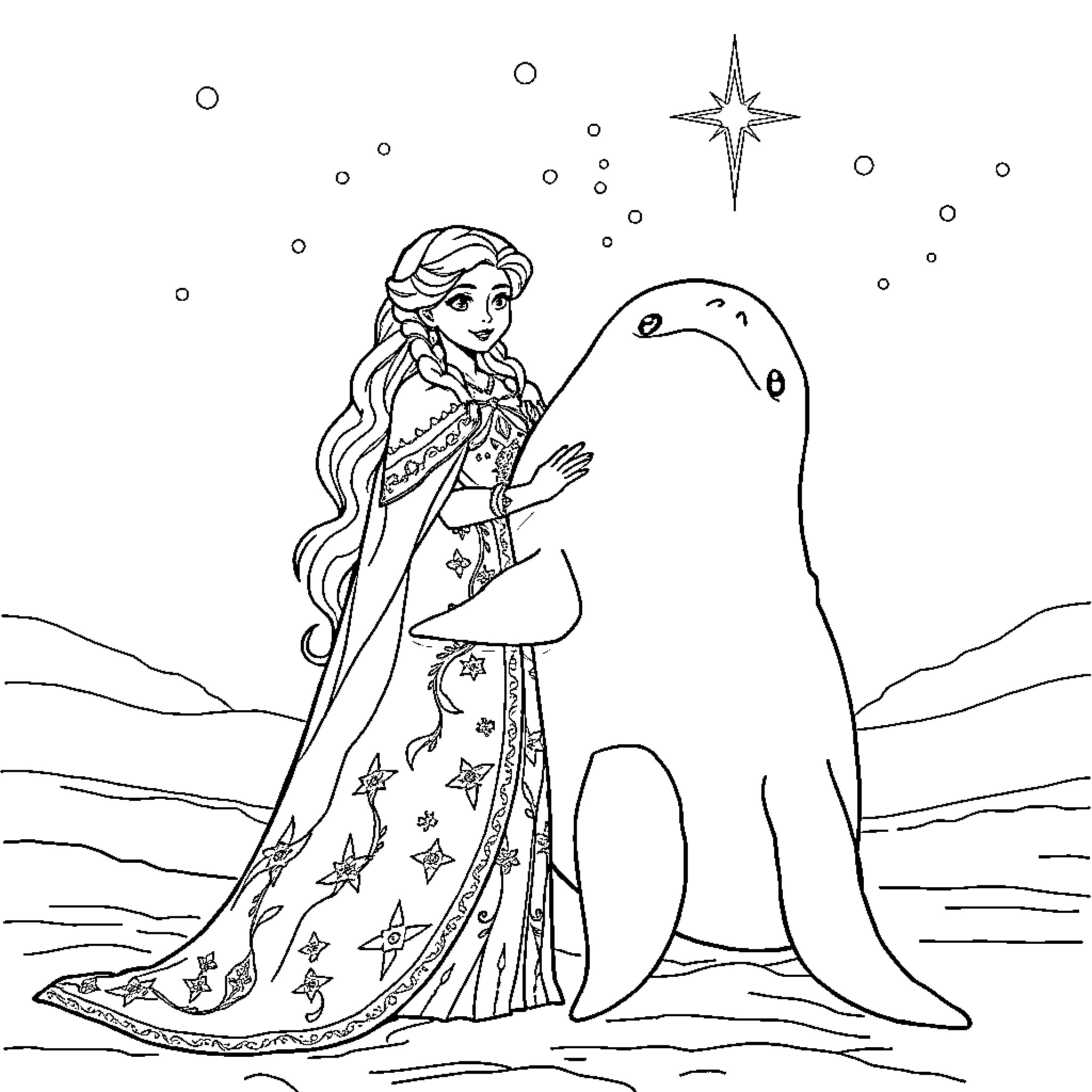 Queen's Celestial Encounter with Mythical Creature Coloring Page (free black-and-white line drawing printable PDF for all, from beginners to advanced learners, including children, teens, adults, and seniors)