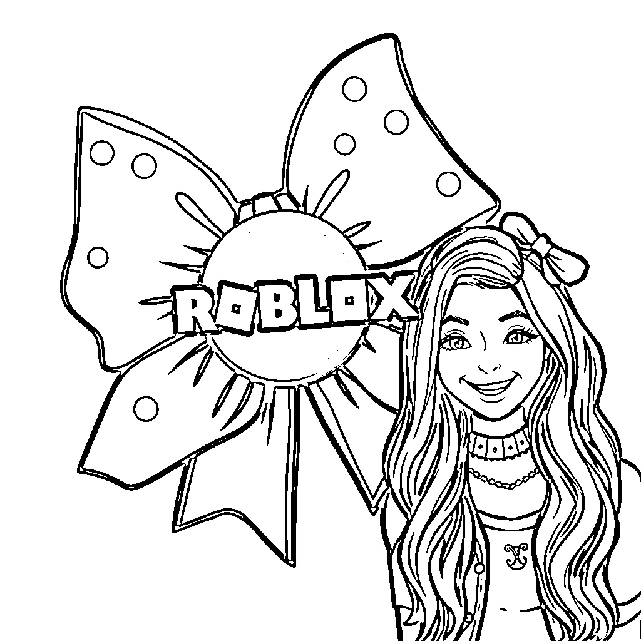 Bow-shaped character with smiling expression in Roblox setting Coloring Page (free black-and-white line drawing printable PDF for all, from beginners to advanced learners, including children, teens, adults, and seniors)
