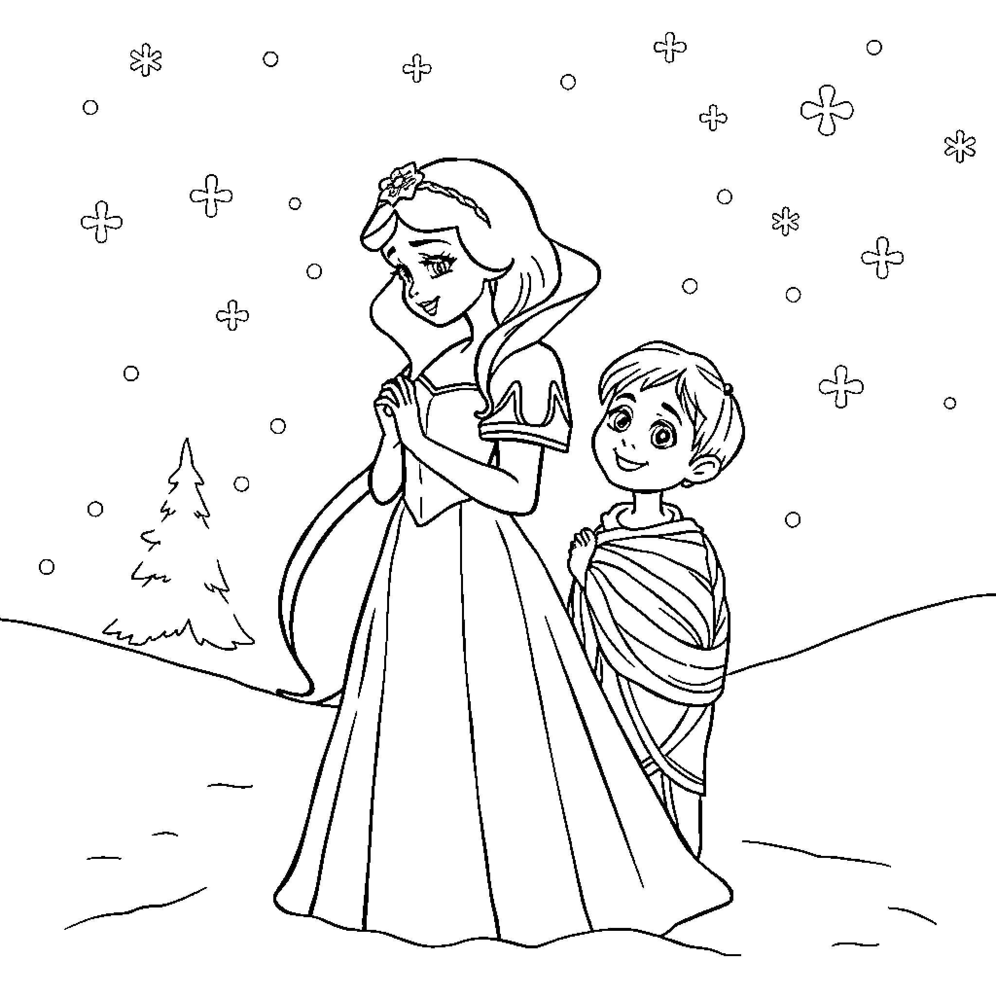 Snow White and Boy in Snowy Wonderland Coloring Page (free black-and-white line drawing printable PDF for all, from beginners to advanced learners, including children, teens, adults, and seniors)