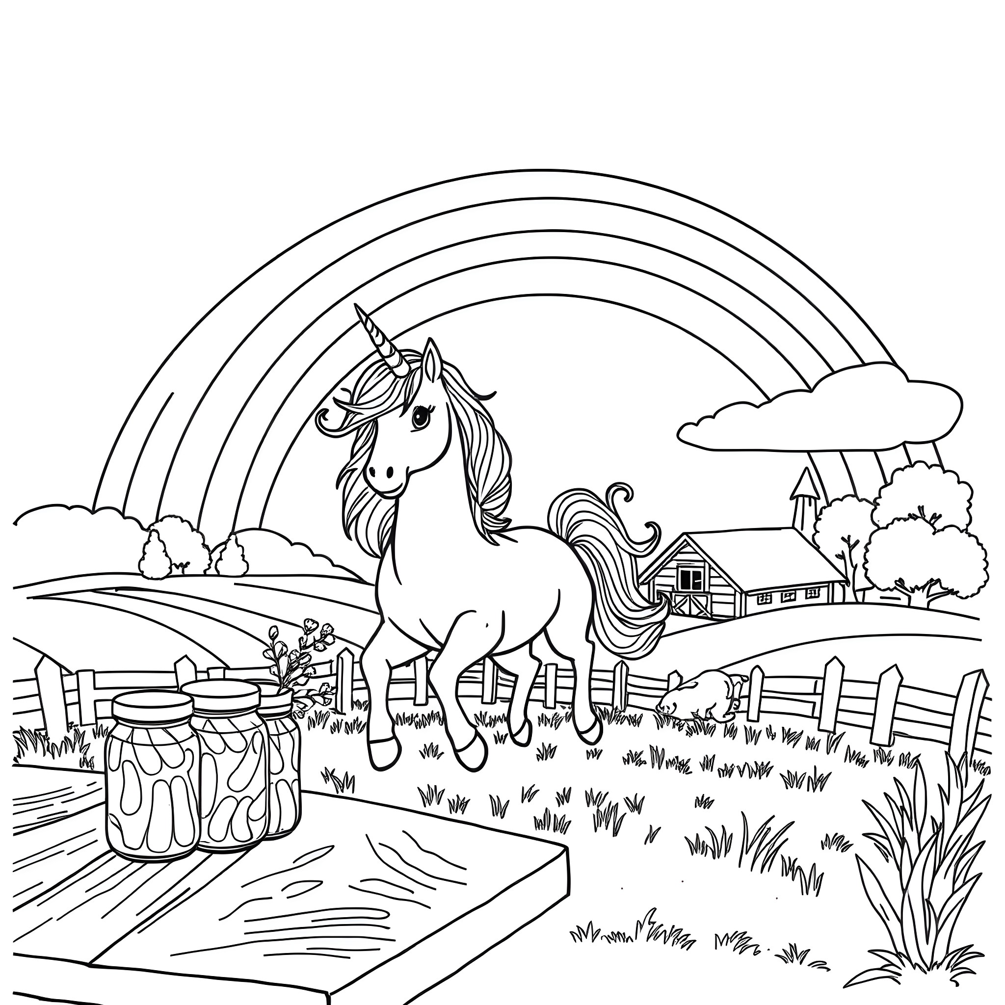 Unicorn prancing through idyllic countryside landscape Coloring Page (free black-and-white line drawing printable PDF for all, from beginners to advanced learners, including children, teens, adults, and seniors)