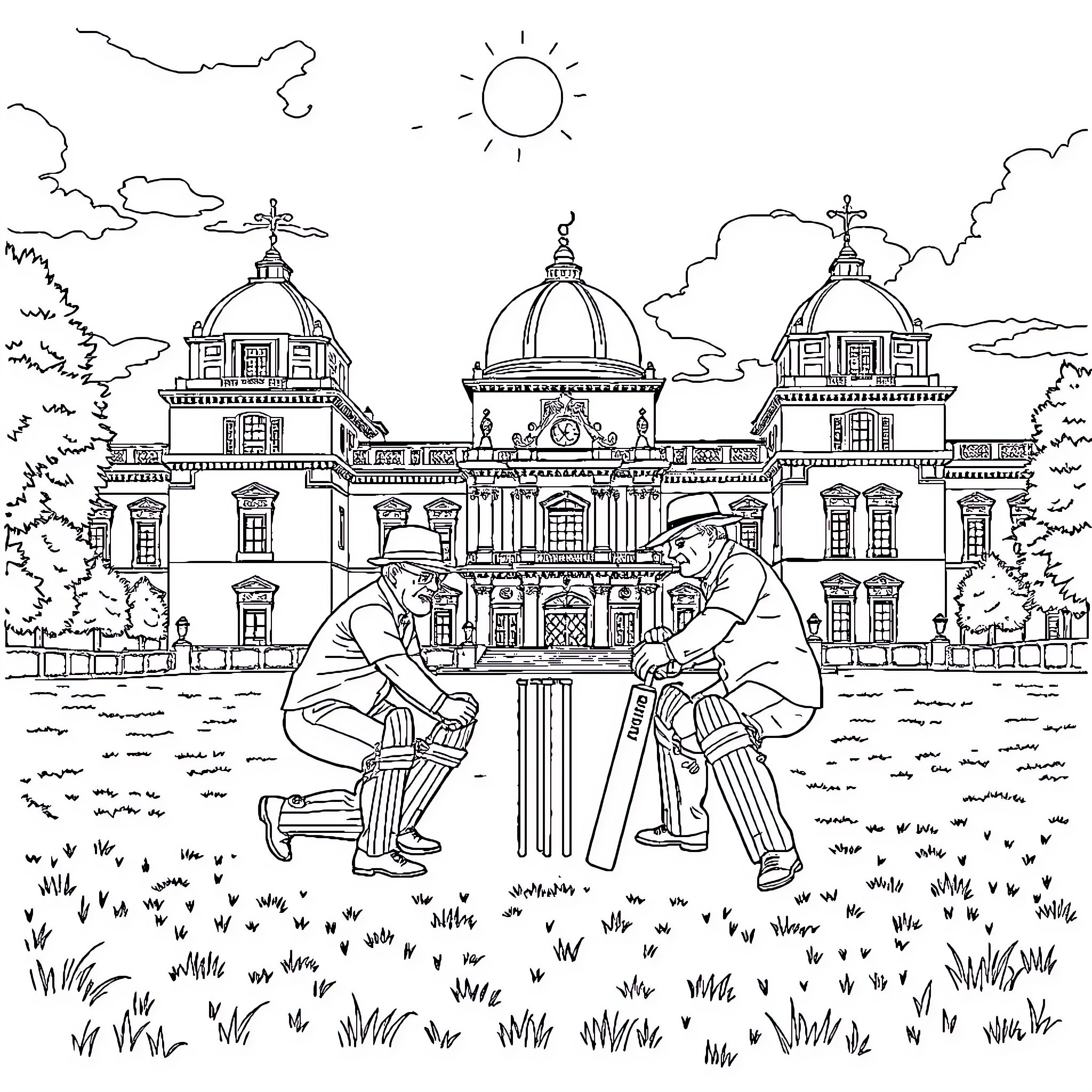 Bachelet meeting with two individuals in front of historic buildings Coloring Page (free black-and-white line drawing printable PDF for all, from beginners to advanced learners, including children, teens, adults, and seniors)