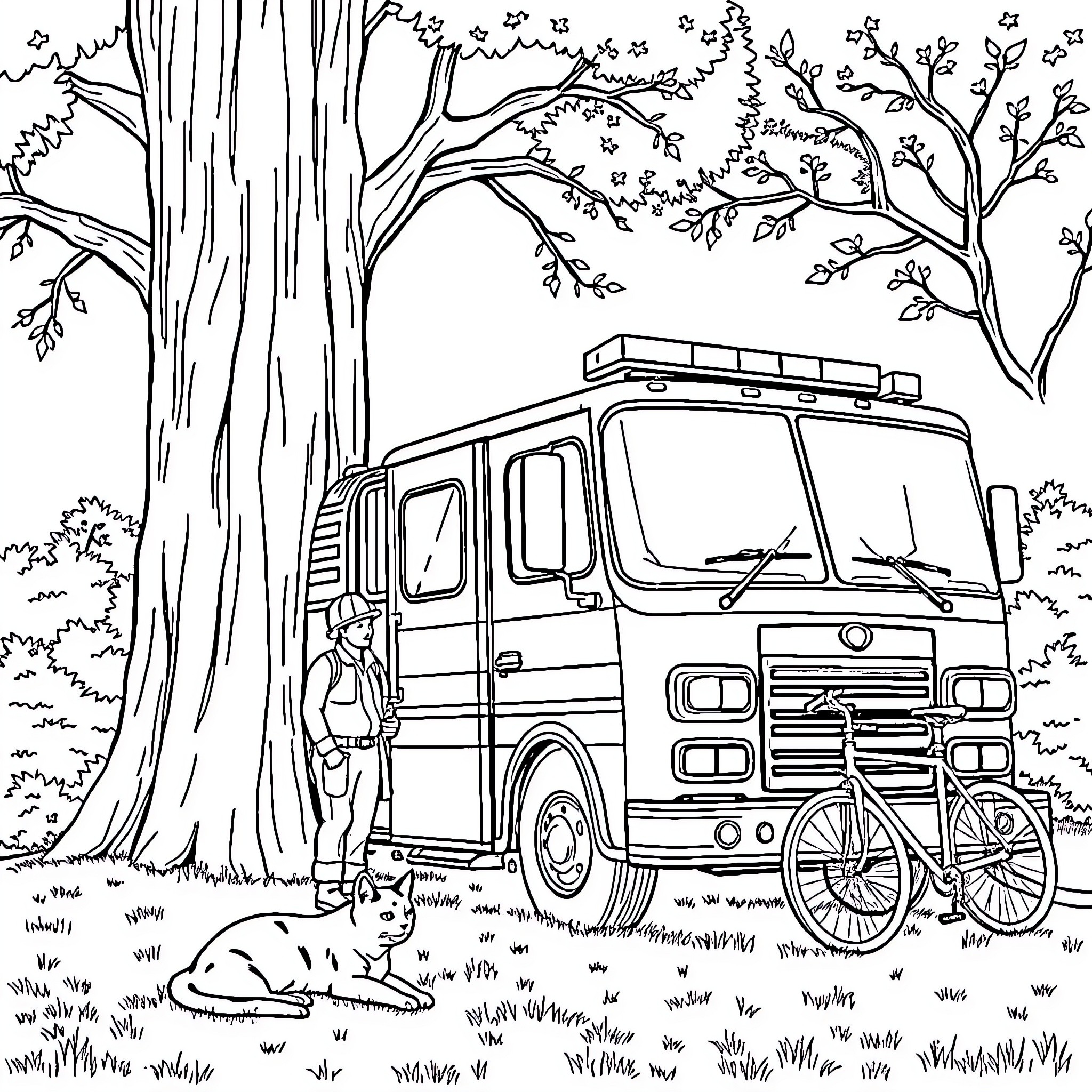 Fire Truck Parked in Serene Forest Landscape Coloring Page (free black-and-white line drawing printable PDF for all, from beginners to advanced learners, including children, teens, adults, and seniors)