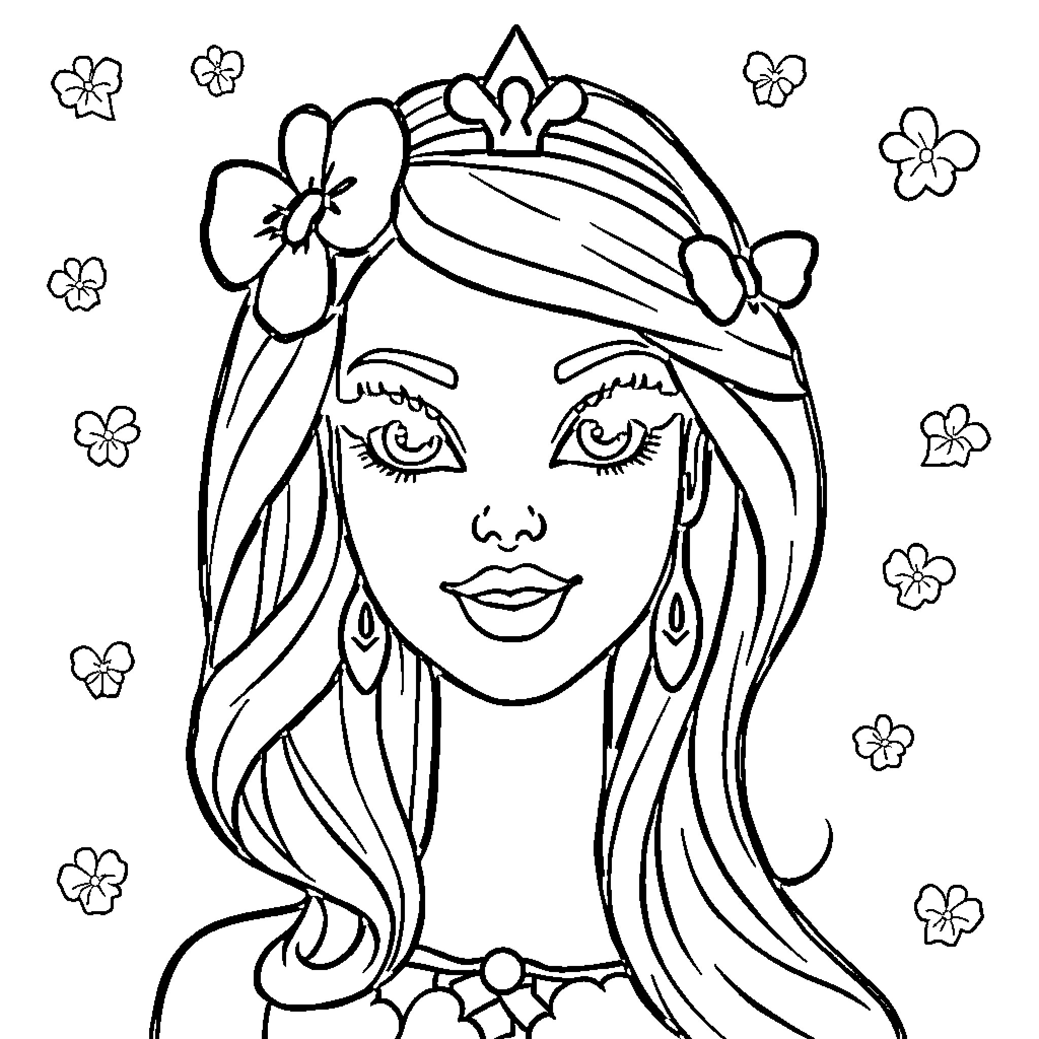 Barbie enjoying a floral garden with butterflies Coloring Page (free black-and-white line drawing printable PDF for all, from beginners to advanced learners, including children, teens, adults, and seniors)