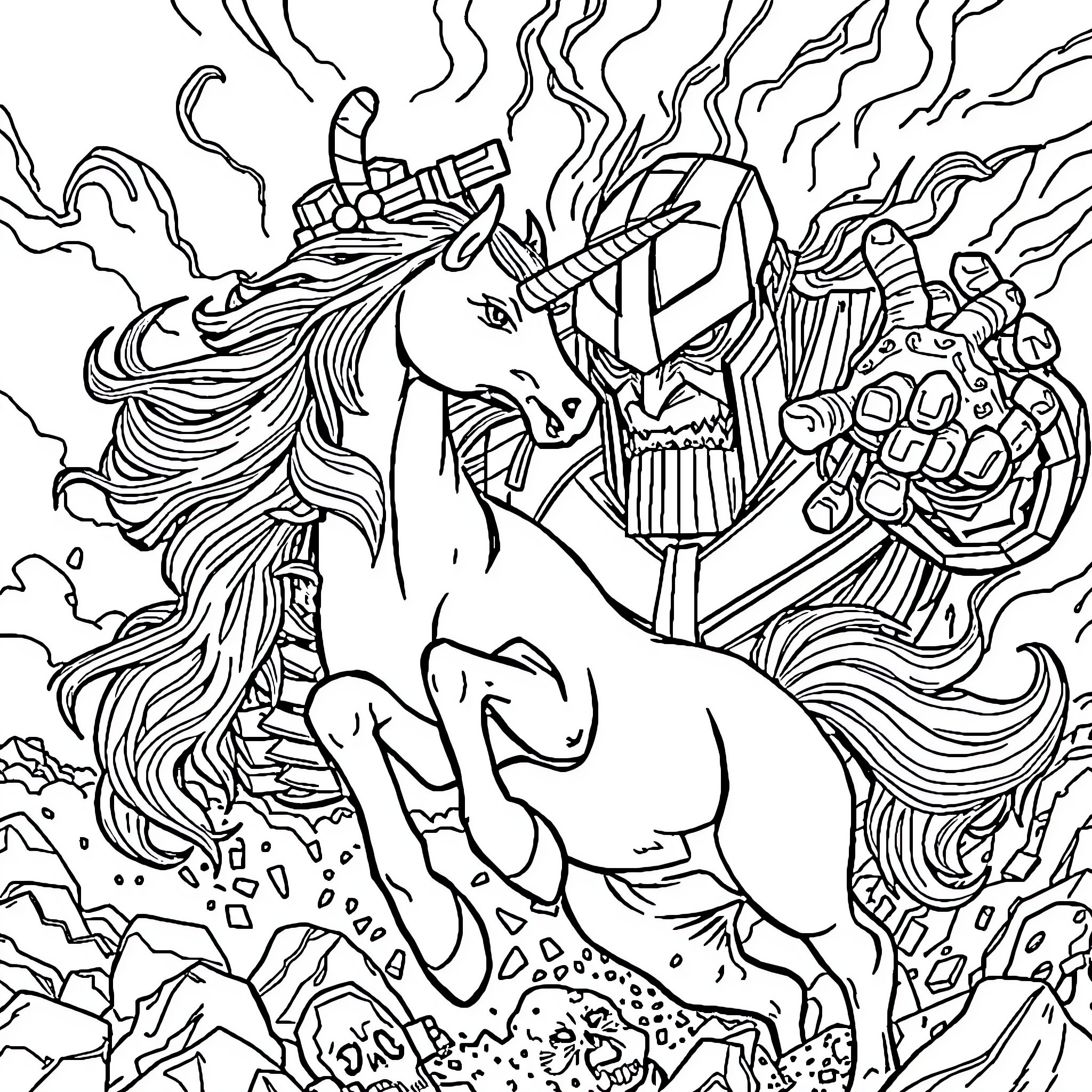 Unicorn battling with mystical artifacts Coloring Page (free black-and-white line drawing printable PDF for all, from beginners to advanced learners, including children, teens, adults, and seniors)