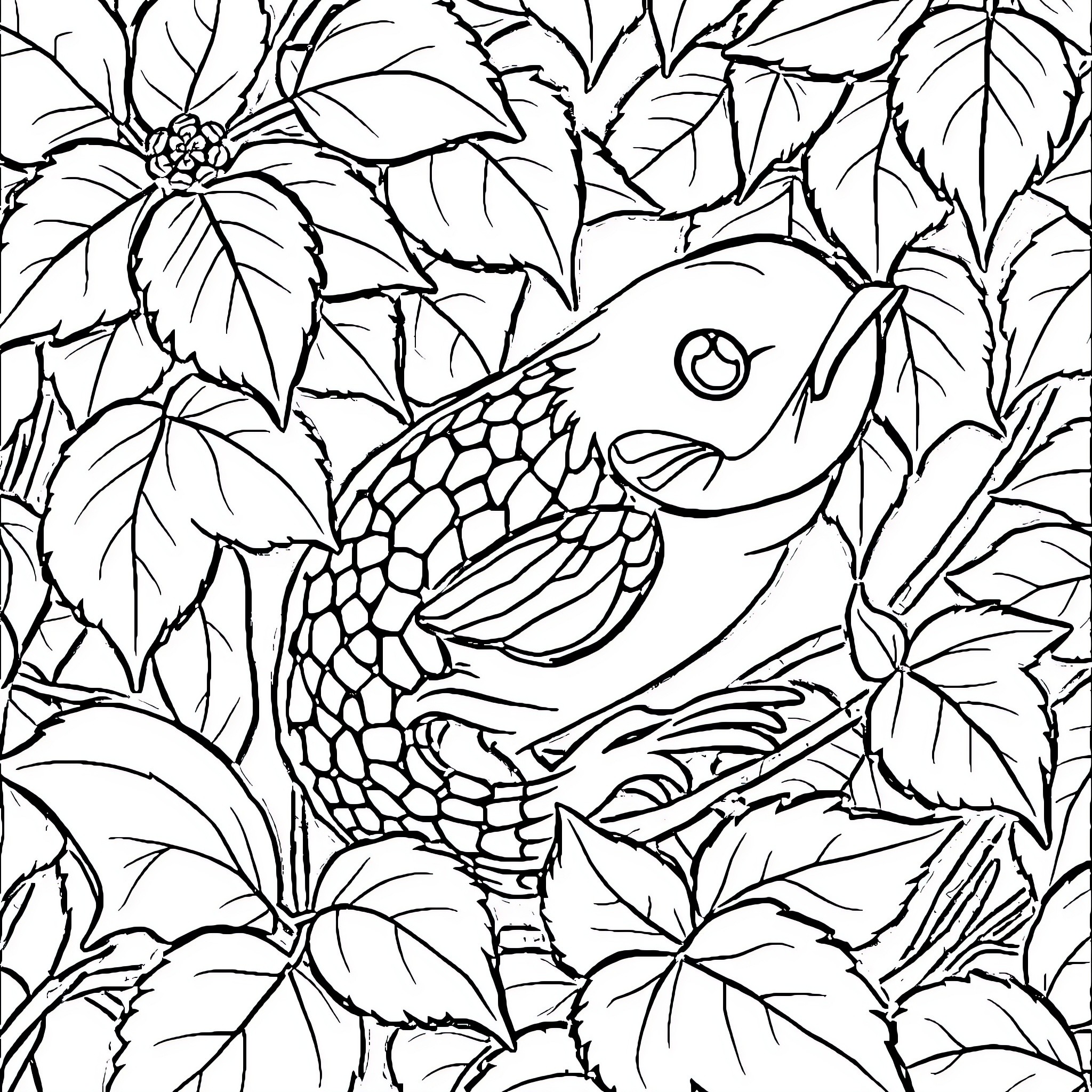 Snake hiding among leafy plants Coloring Page (free black-and-white line drawing printable PDF for all, from beginners to advanced learners, including children, teens, adults, and seniors)