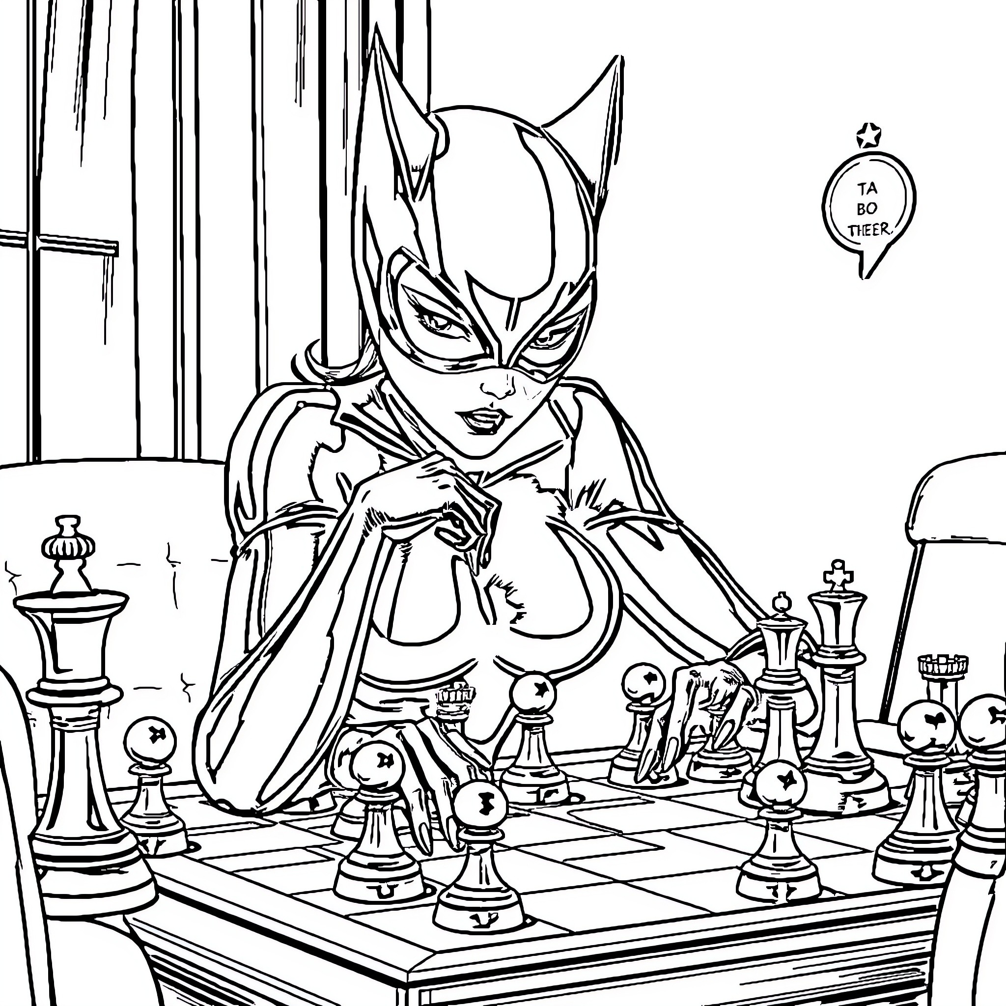 Cat Woman Strategizing Over a Chess Board Coloring Page (free black-and-white line drawing printable PDF for all, from beginners to advanced learners, including children, teens, adults, and seniors)