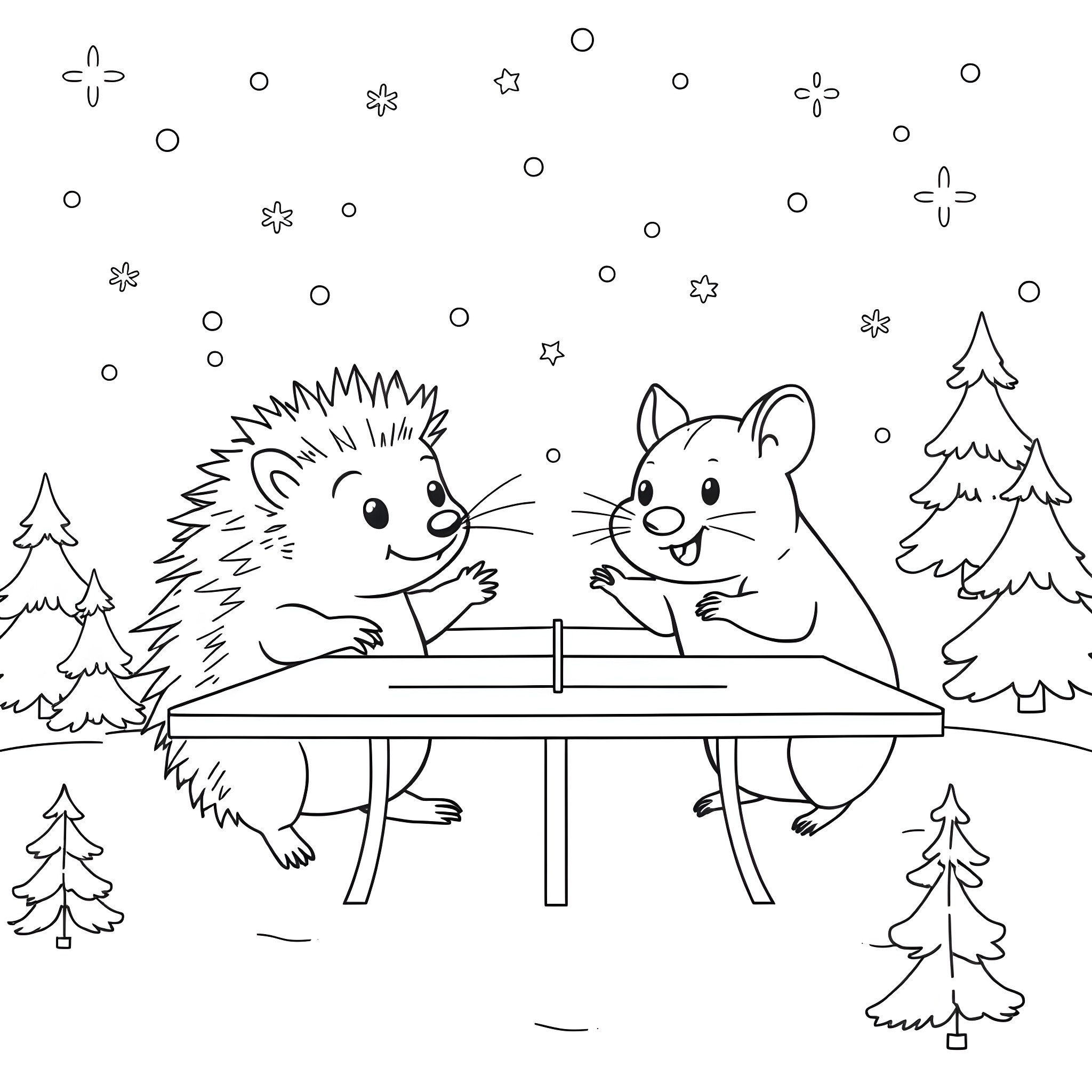 Hedgehog and squirrel playing in winter landscape Coloring Page (free black-and-white line drawing printable PDF for all, from beginners to advanced learners, including children, teens, adults, and seniors)