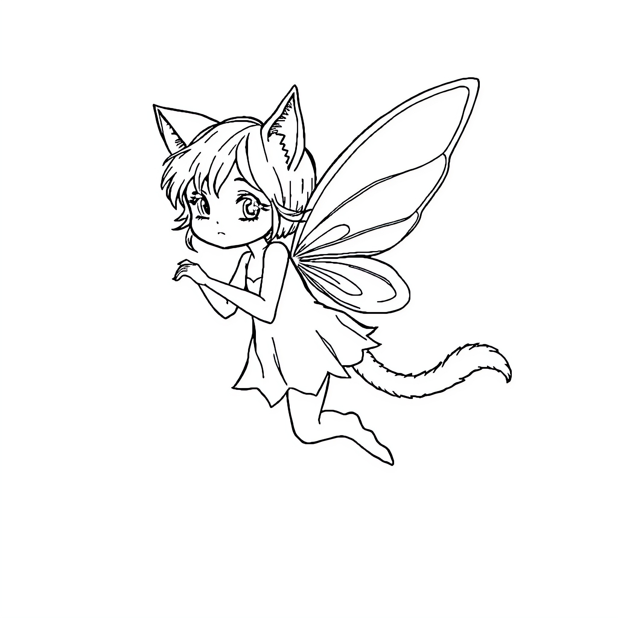 Kitty fairy playfully flying Coloring Page (free black-and-white line drawing printable PDF for all, from beginners to advanced learners, including children, teens, adults, and seniors)