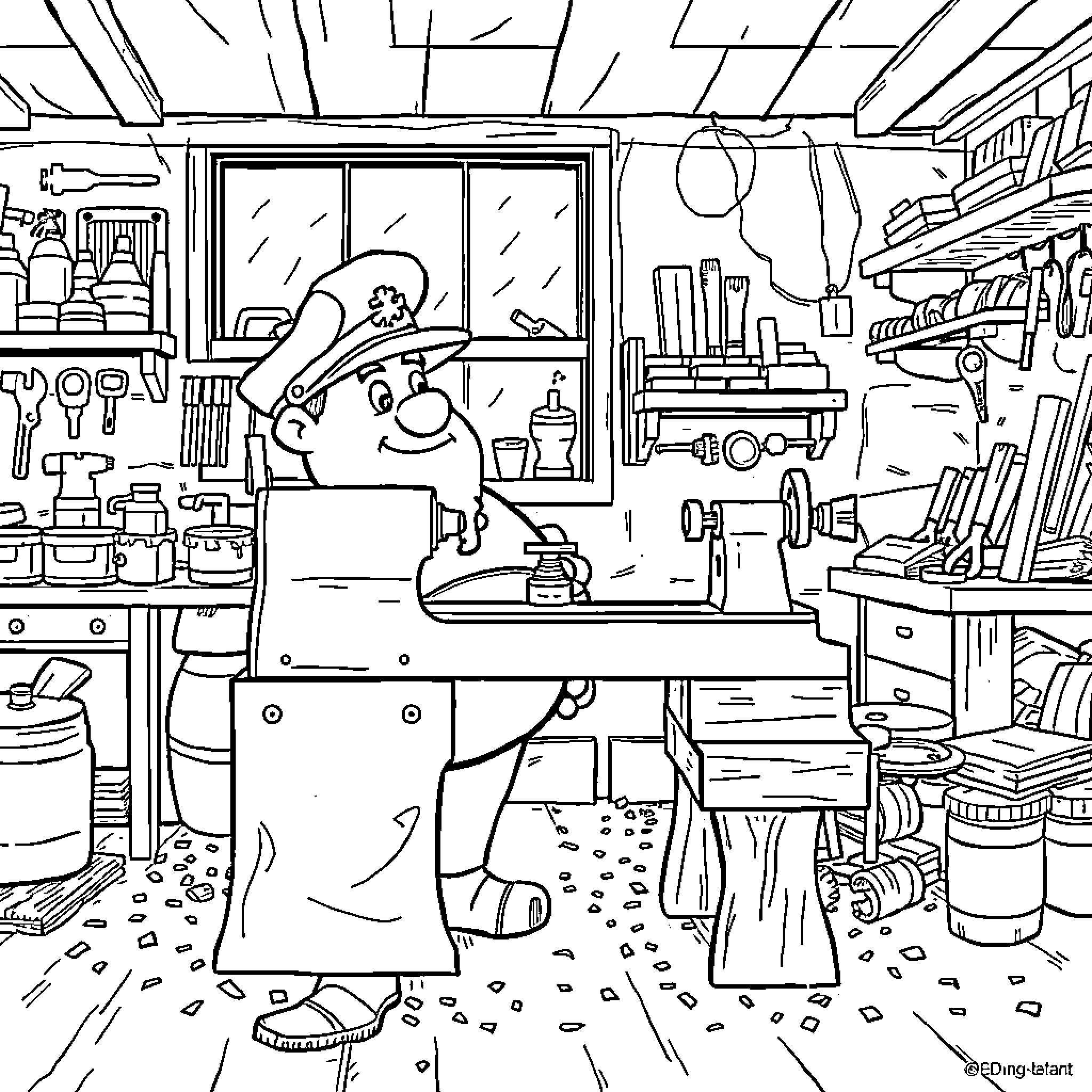 Captain Underpants in a messy workshop full of tools and gadgets Coloring Page (free black-and-white line drawing printable PDF for all, from beginners to advanced learners, including children, teens, adults, and seniors)