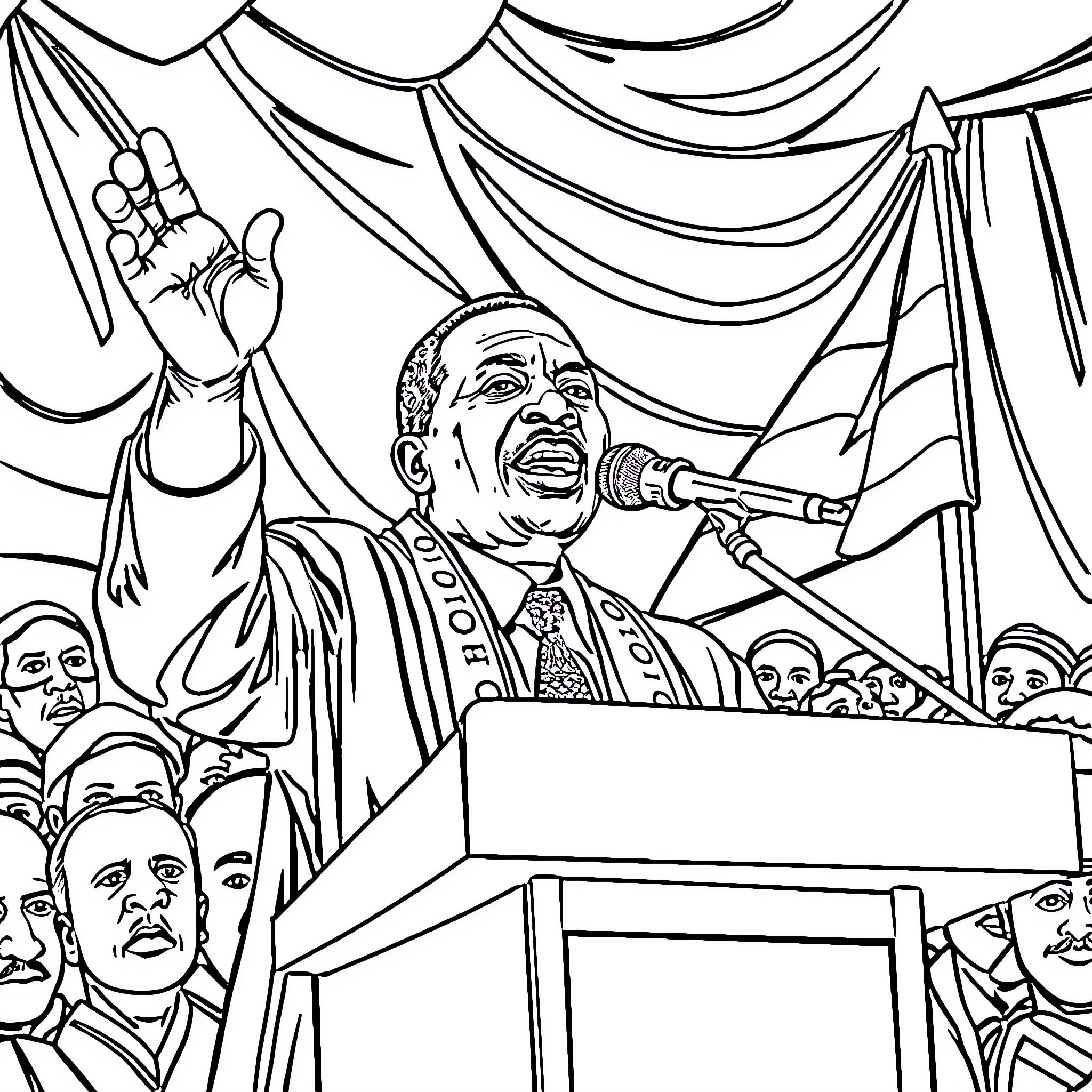 Thomas Sankara Passionately Addressing Crowd Coloring Page (free black-and-white line drawing printable PDF for all, from beginners to advanced learners, including children, teens, adults, and seniors)
