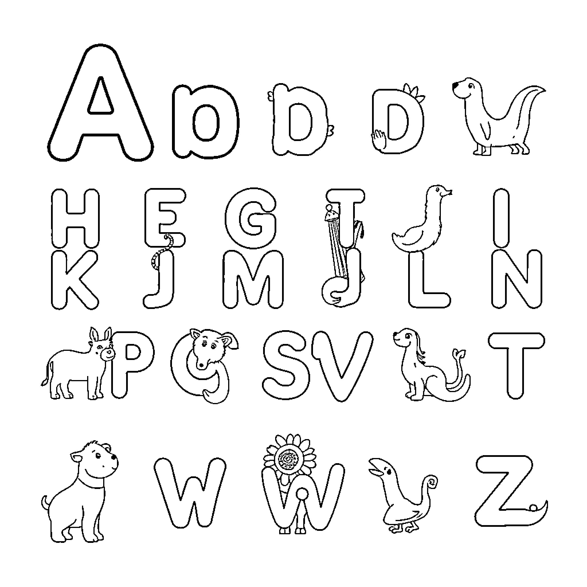 Animal alphabet with cartoon style animals Coloring Page (free black-and-white line drawing printable PDF for all, from beginners to advanced learners, including children, teens, adults, and seniors)