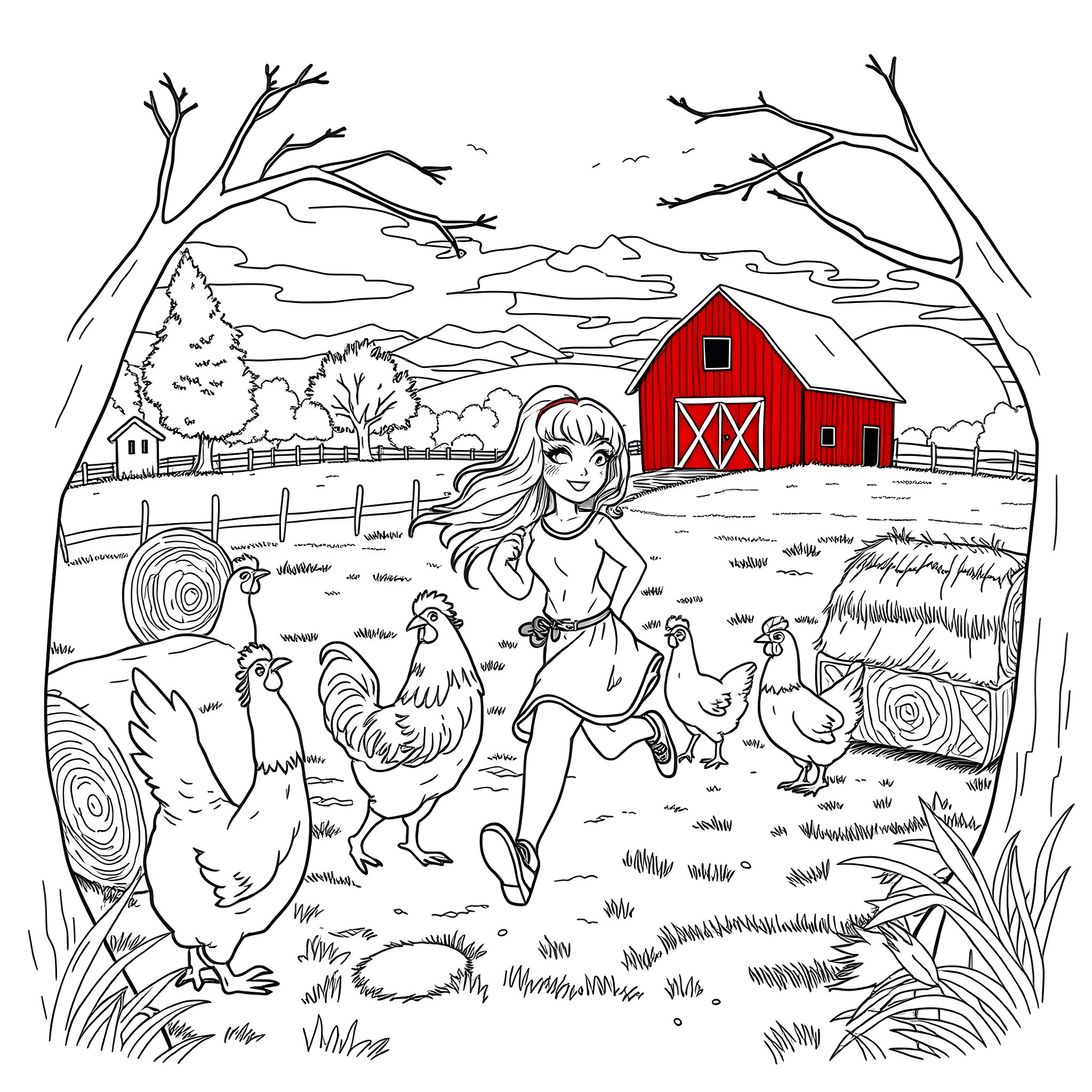 Mariah Carey Enjoying Country Life with Farm Animals Coloring Page (free black-and-white line drawing printable PDF for all, from beginners to advanced learners, including children, teens, adults, and seniors)
