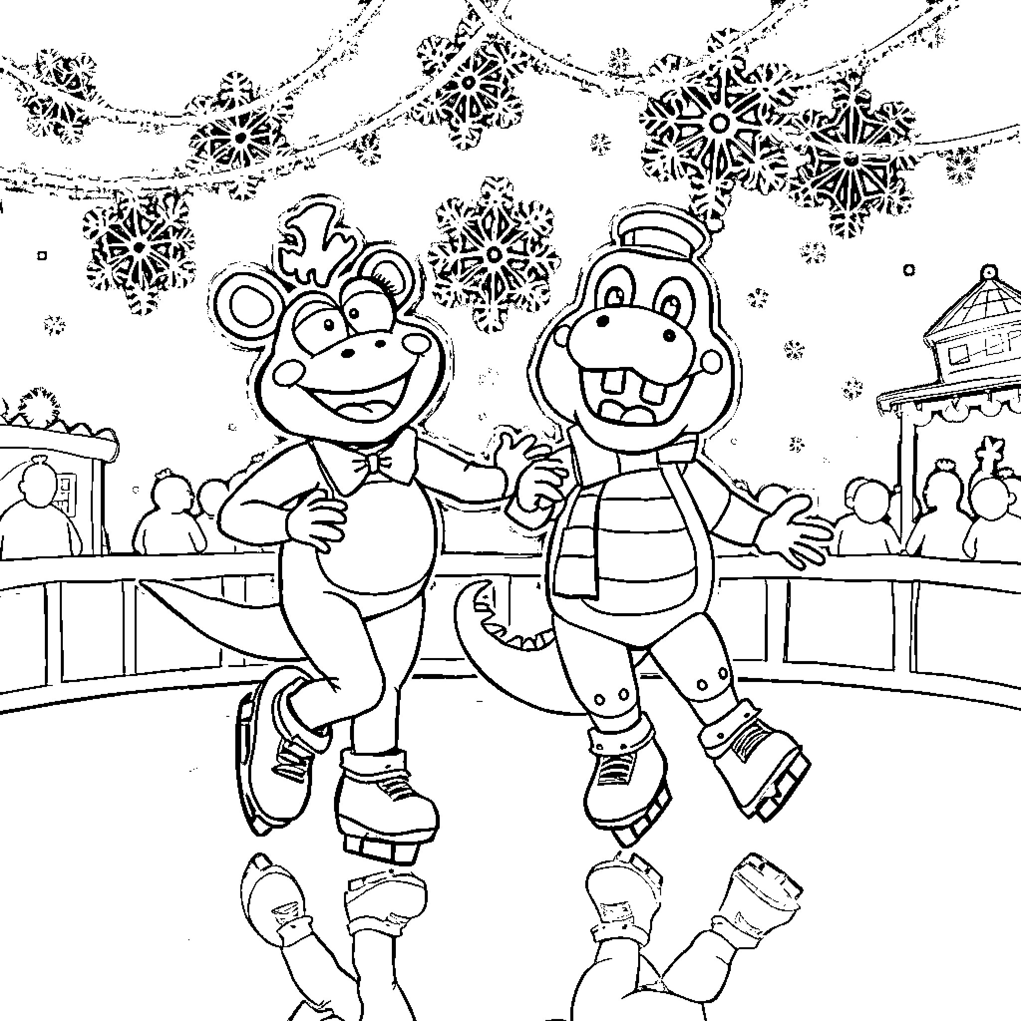 Frog friends enjoying a snowy winter celebration Coloring Page (free black-and-white line drawing printable PDF for all, from beginners to advanced learners, including children, teens, adults, and seniors)