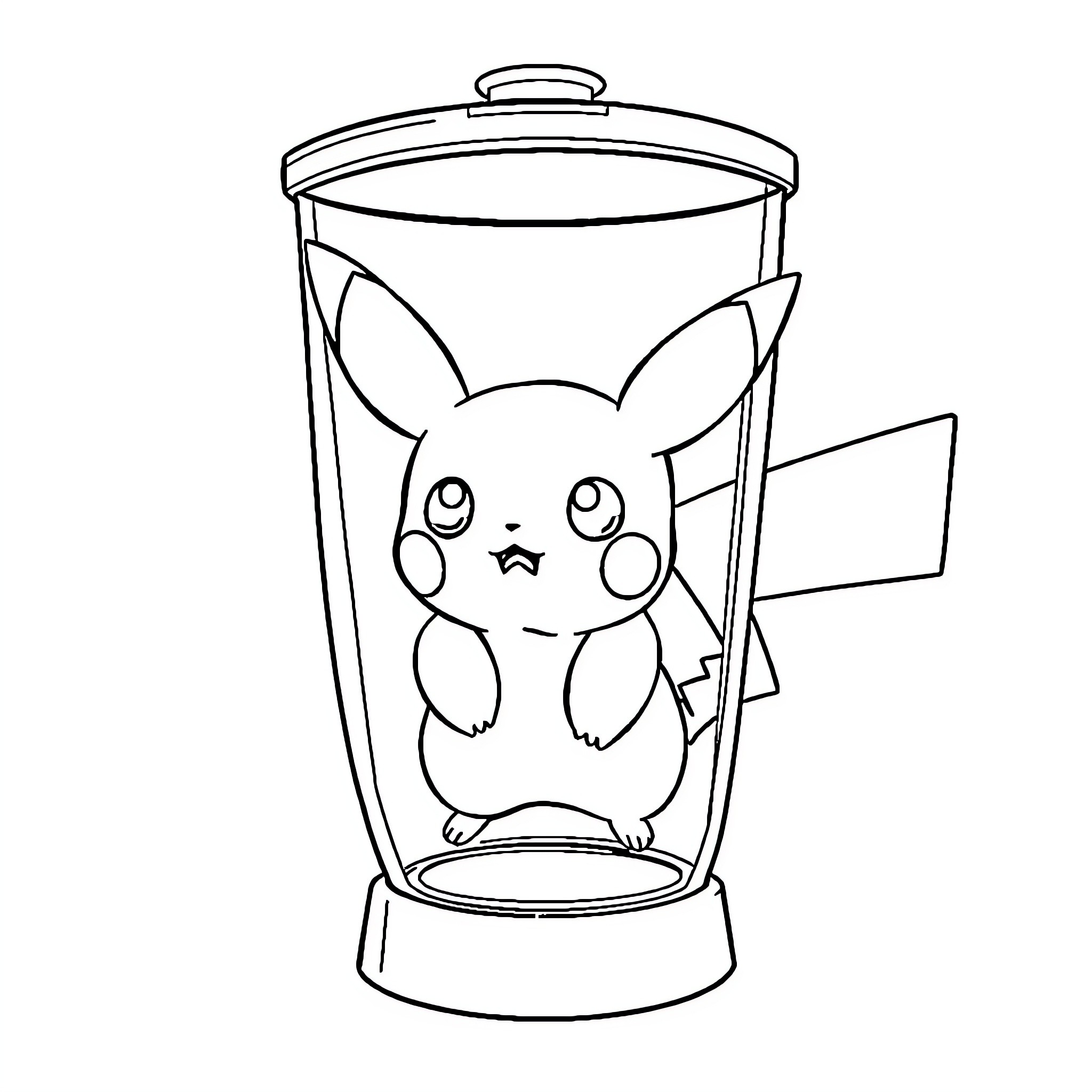 Pikachu trapped inside glass container Coloring Page (free black-and-white line drawing printable PDF for all, from beginners to advanced learners, including children, teens, adults, and seniors)