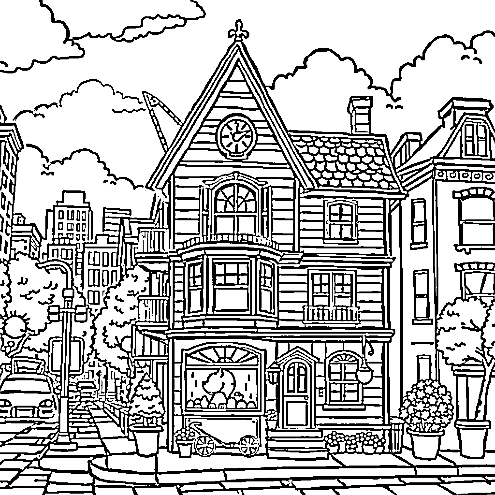 Cat in Victorian-style house on a city street Coloring Page (free black-and-white line drawing printable PDF for all, from beginners to advanced learners, including children, teens, adults, and seniors)