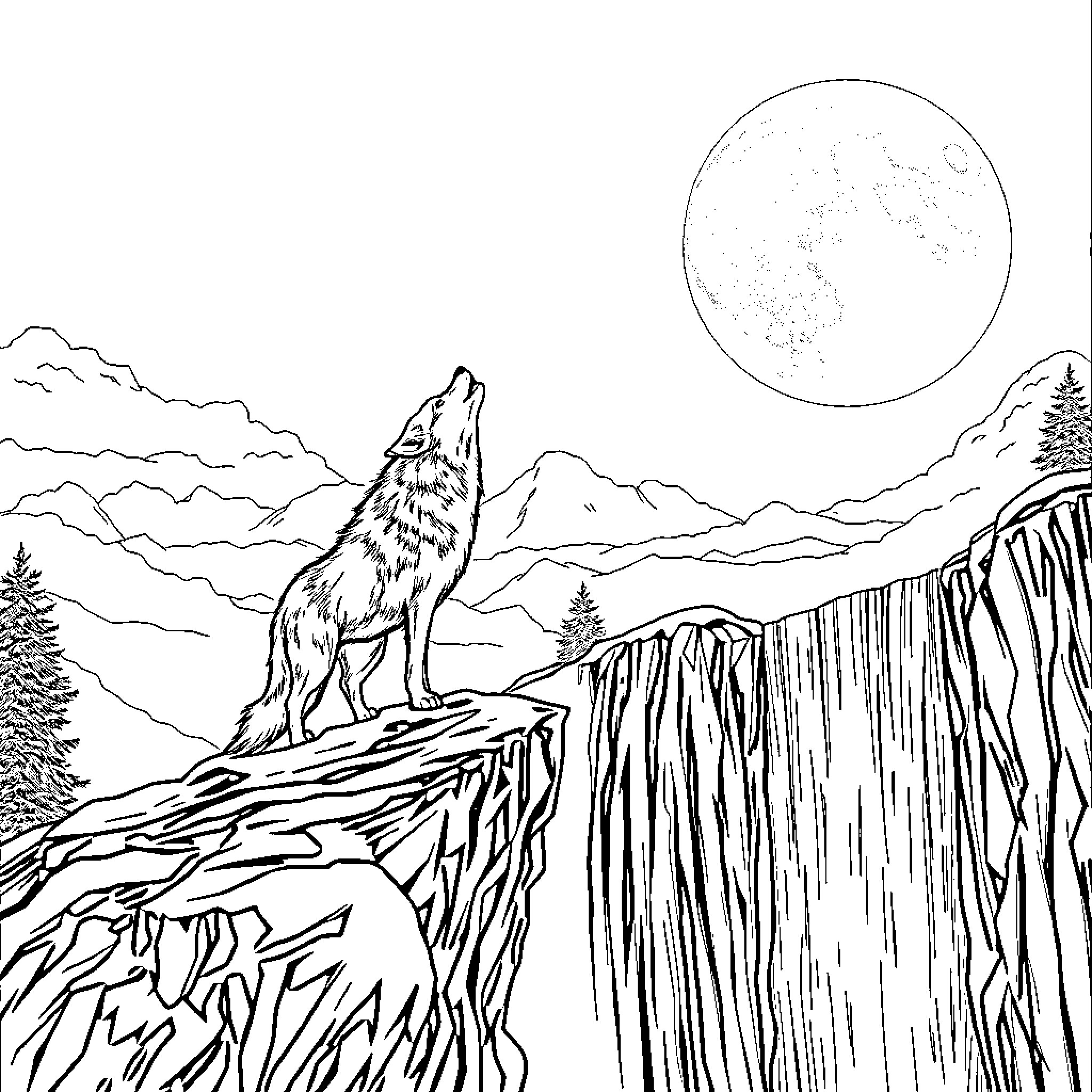 Wolf howling at the moon in the wilderness Coloring Page (free black-and-white line drawing printable PDF for all, from beginners to advanced learners, including children, teens, adults, and seniors)