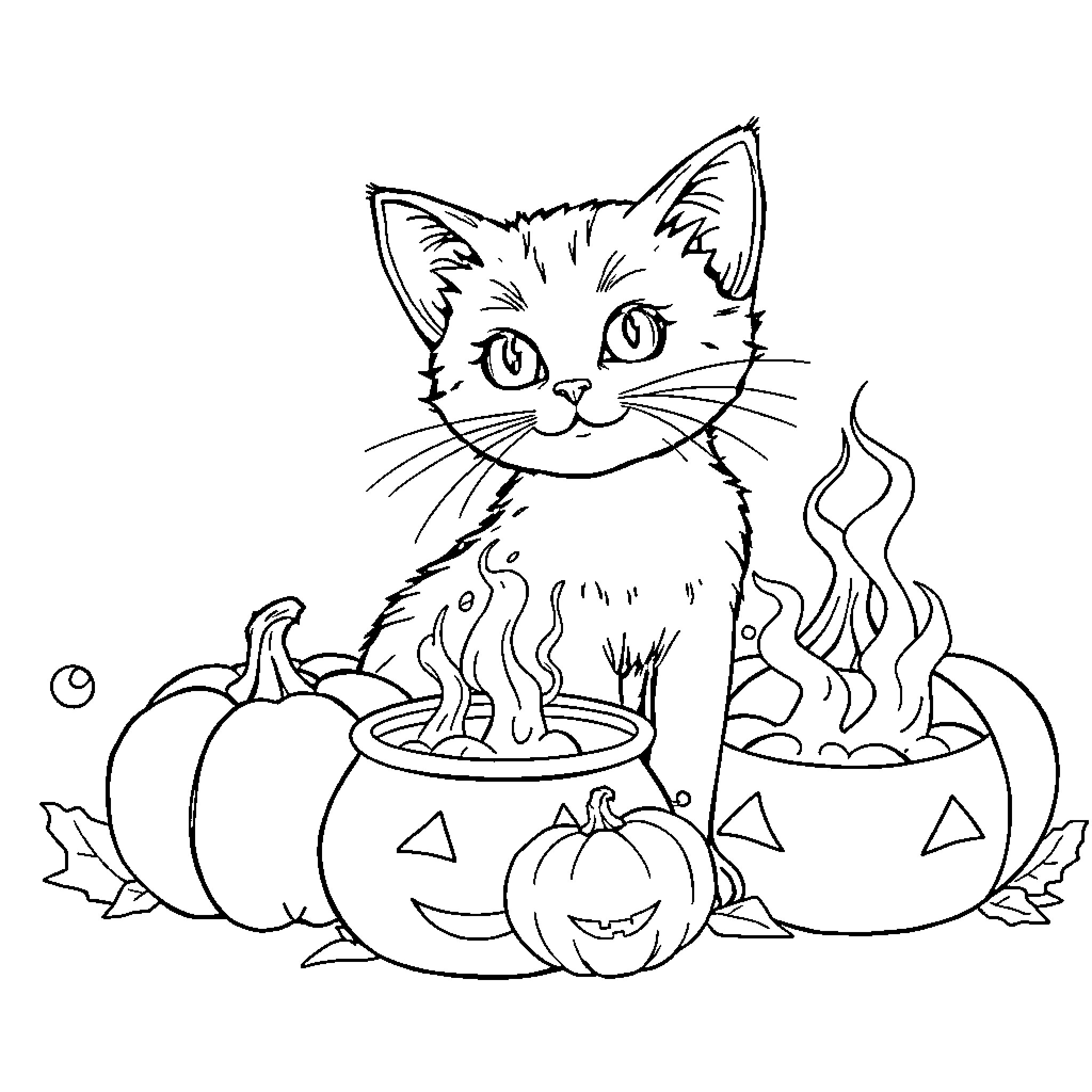 Kitty playing in Halloween pumpkins Coloring Page (free black-and-white line drawing printable PDF for all, from beginners to advanced learners, including children, teens, adults, and seniors)