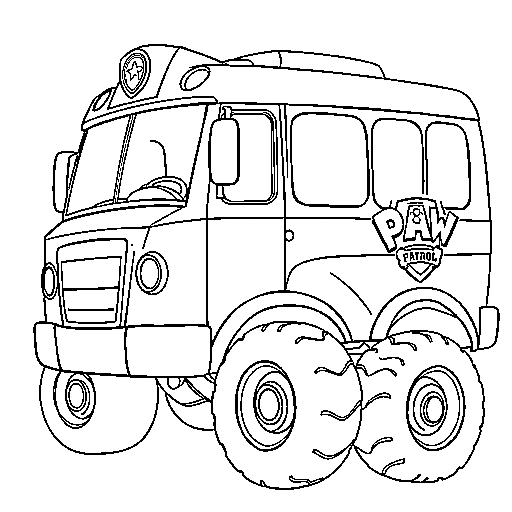 Bus with large tires and Paw Patrol design Coloring Page (free black-and-white line drawing printable PDF for all, from beginners to advanced learners, including children, teens, adults, and seniors)