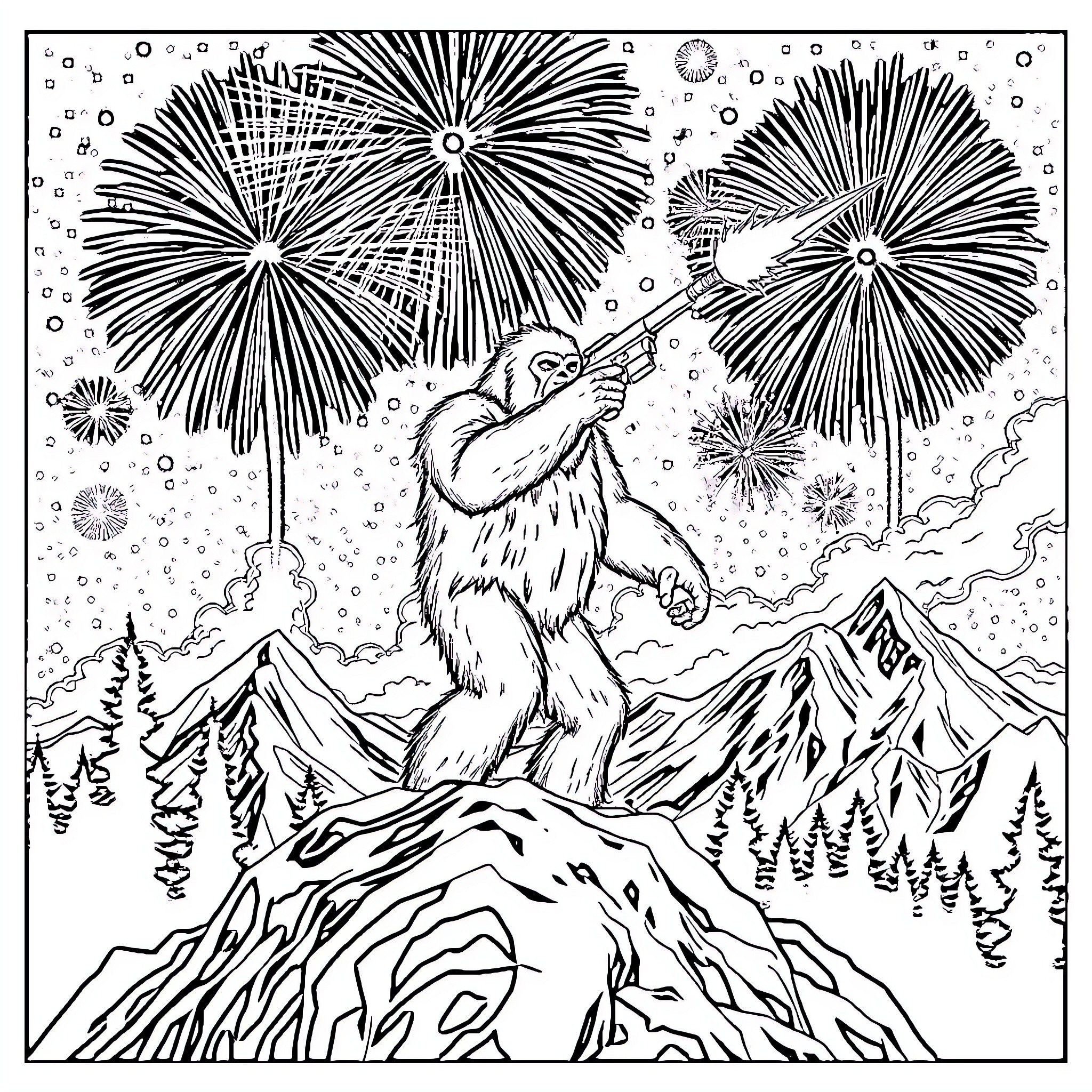 Bigfoot watching fireworks in the mountains Coloring Page (free black-and-white line drawing printable PDF for all, from beginners to advanced learners, including children, teens, adults, and seniors)