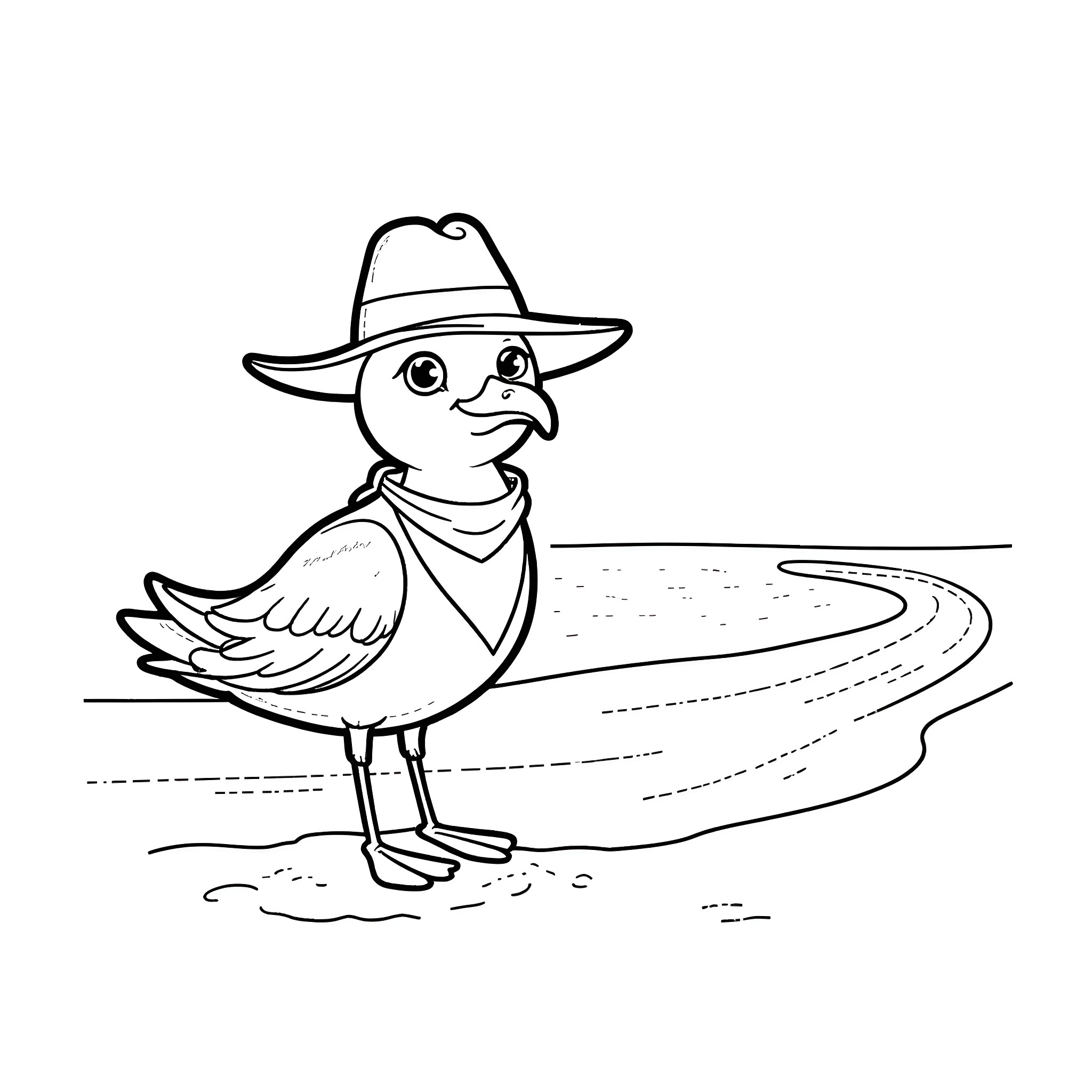 Seagull wearing hat on the beach Coloring Page (free black-and-white line drawing printable PDF for all, from beginners to advanced learners, including children, teens, adults, and seniors)