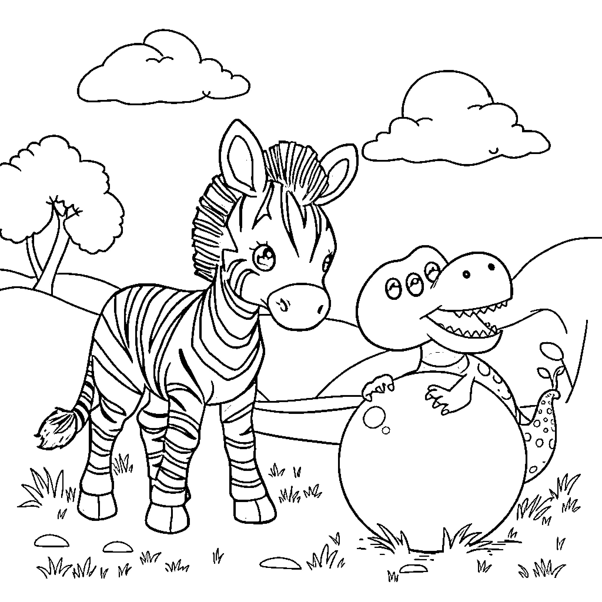 Zebra standing next to a curious dinosaur Coloring Page (free black-and-white line drawing printable PDF for all, from beginners to advanced learners, including children, teens, adults, and seniors)