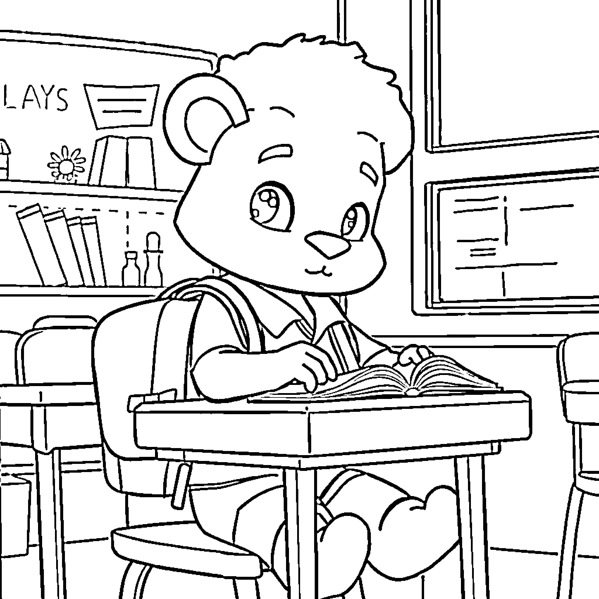 Labubu studying diligently in the classroom Coloring Page (free black-and-white line drawing printable PDF for all, from beginners to advanced learners, including children, teens, adults, and seniors)