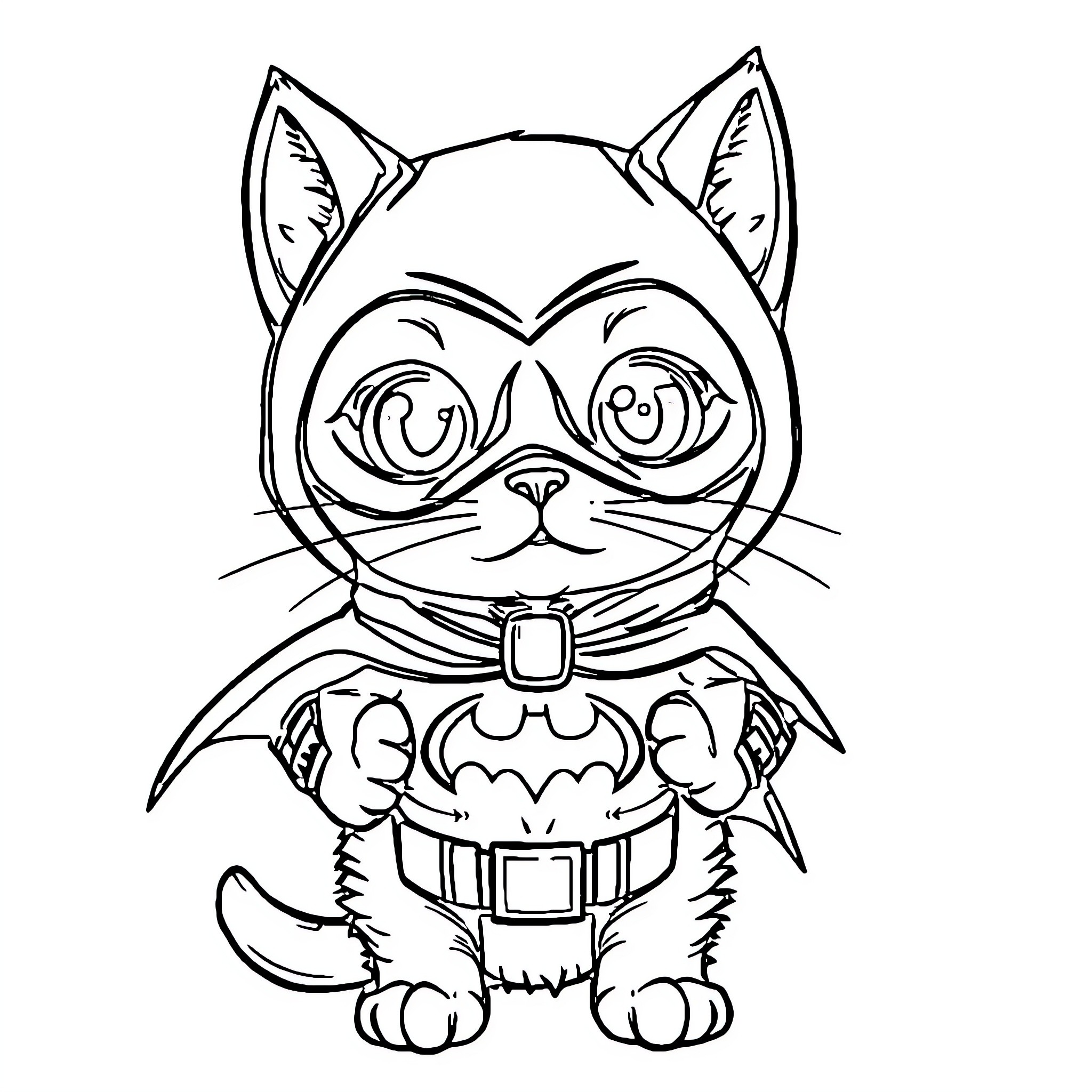 Cat superhero in costume Coloring Page (free black-and-white line drawing printable PDF for all, from beginners to advanced learners, including children, teens, adults, and seniors)