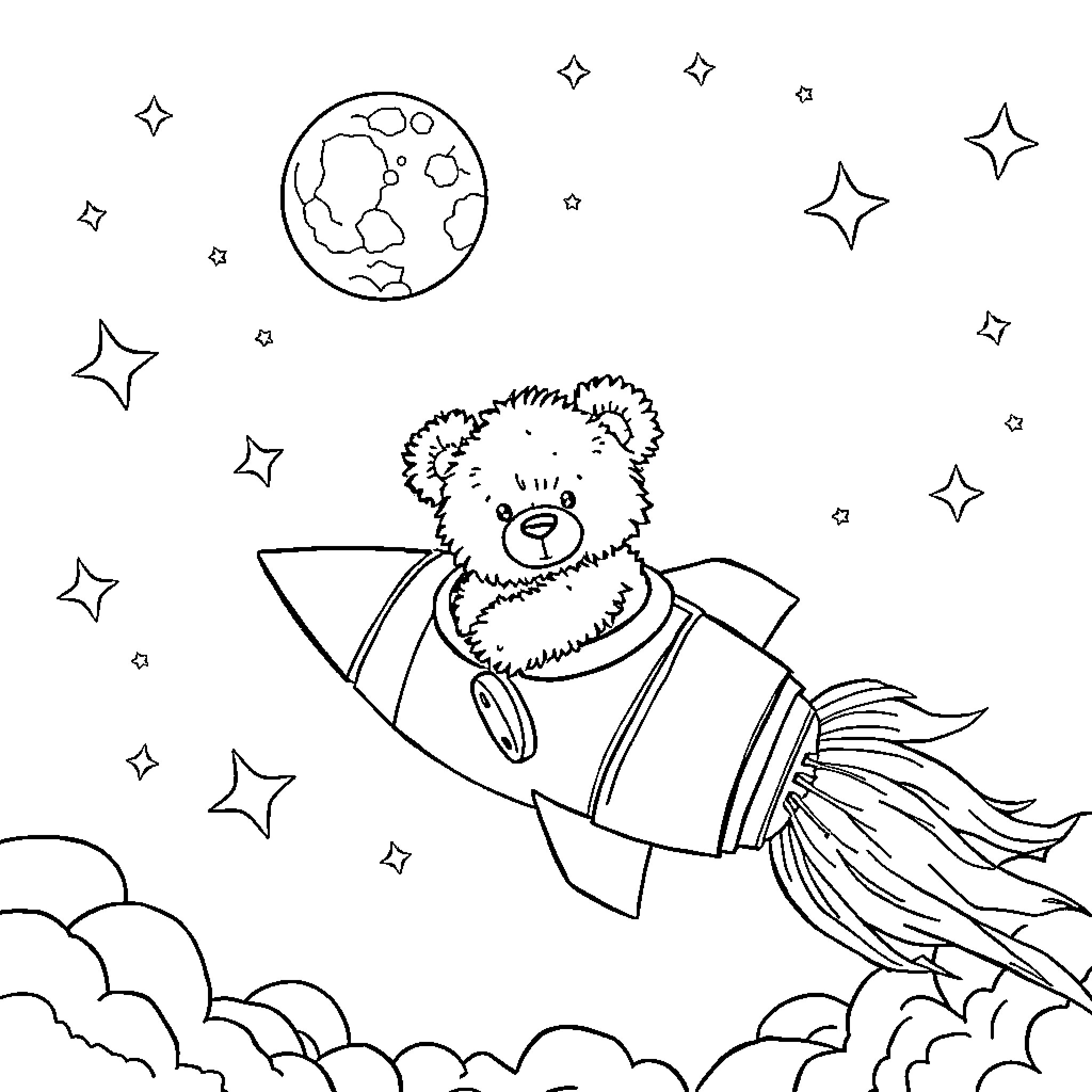 Teddy Bear Blasting Off into Space Coloring Page (free black-and-white line drawing printable PDF for all, from beginners to advanced learners, including children, teens, adults, and seniors)