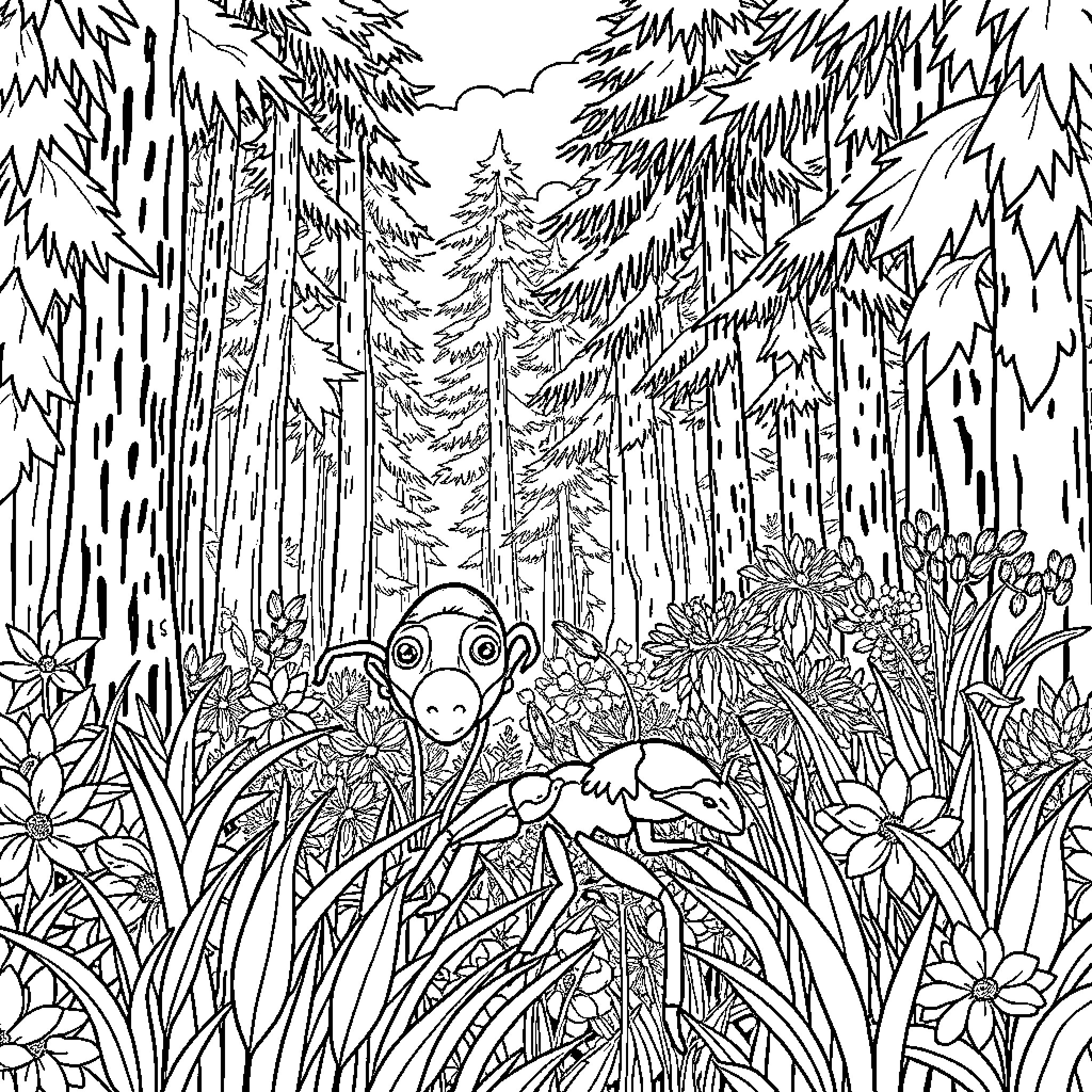 Ant exploring a whimsical forest scene Coloring Page (free black-and-white line drawing printable PDF for all, from beginners to advanced learners, including children, teens, adults, and seniors)