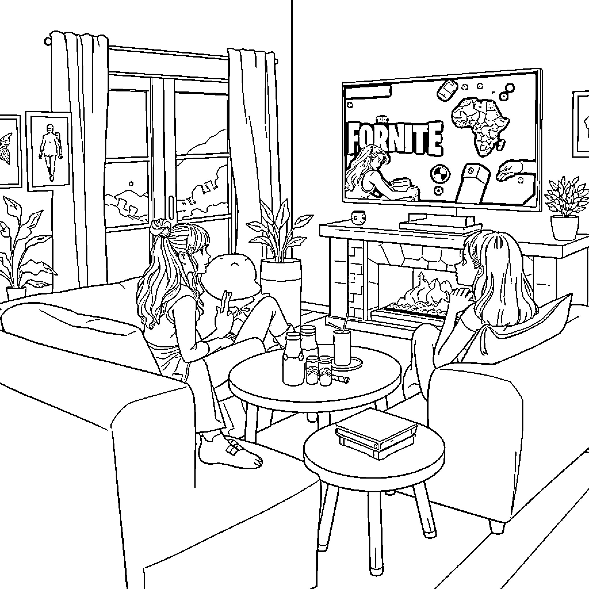 Girl Enjoying Gaming Time With Friends Coloring Page (free black-and-white line drawing printable PDF for all, from beginners to advanced learners, including children, teens, adults, and seniors)