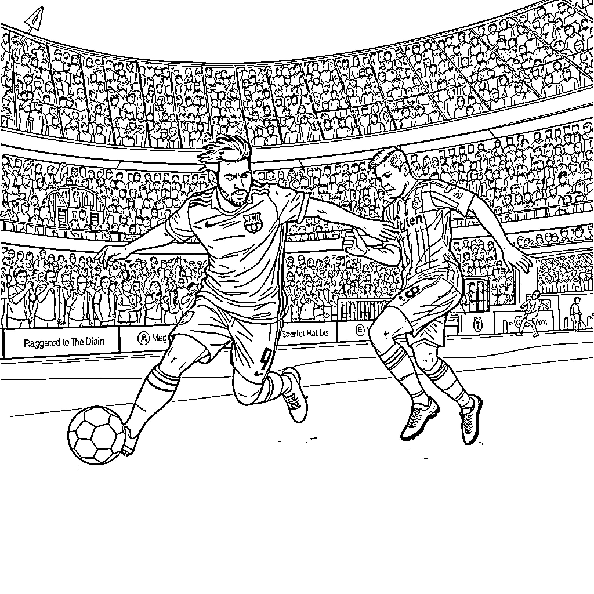 Lamine Yamal: Intense Soccer Match in the Stadium Coloring Page (free black-and-white line drawing printable PDF for all, from beginners to advanced learners, including children, teens, adults, and seniors)