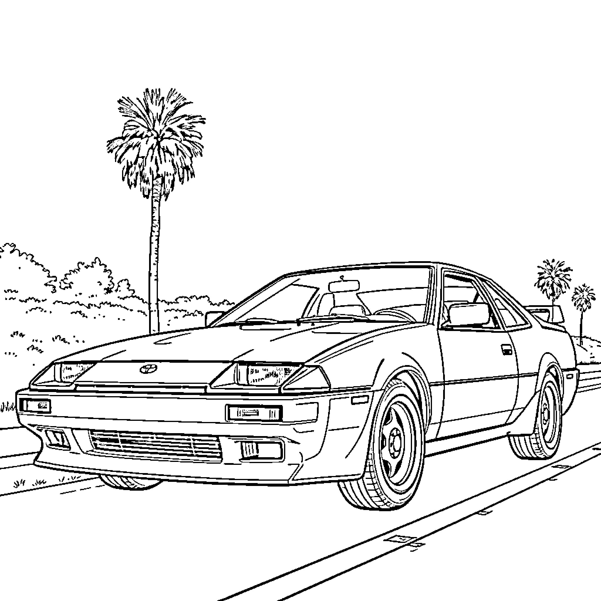 Toyota Celica sports car on scenic road Coloring Page (free black-and-white line drawing printable PDF for all, from beginners to advanced learners, including children, teens, adults, and seniors)