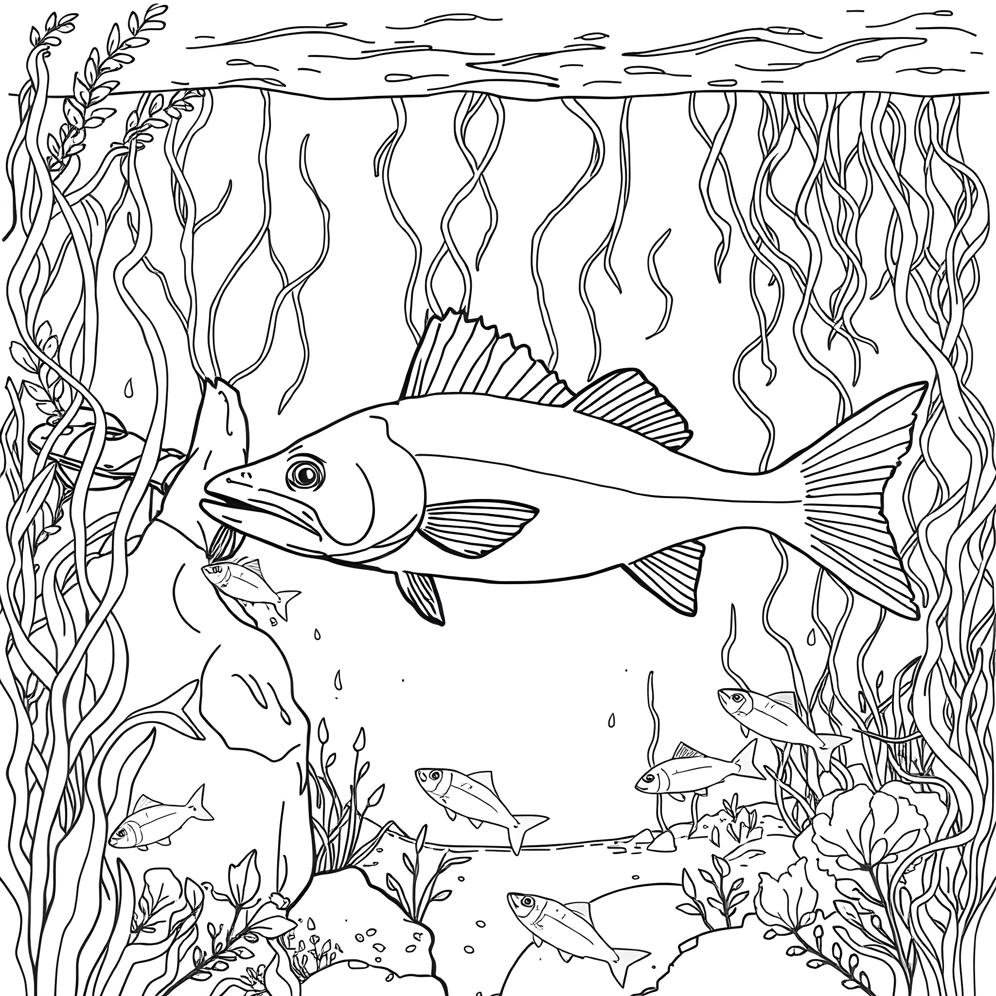 Pike swimming through underwater scenery Coloring Page (free black-and-white line drawing printable PDF for all, from beginners to advanced learners, including children, teens, adults, and seniors)