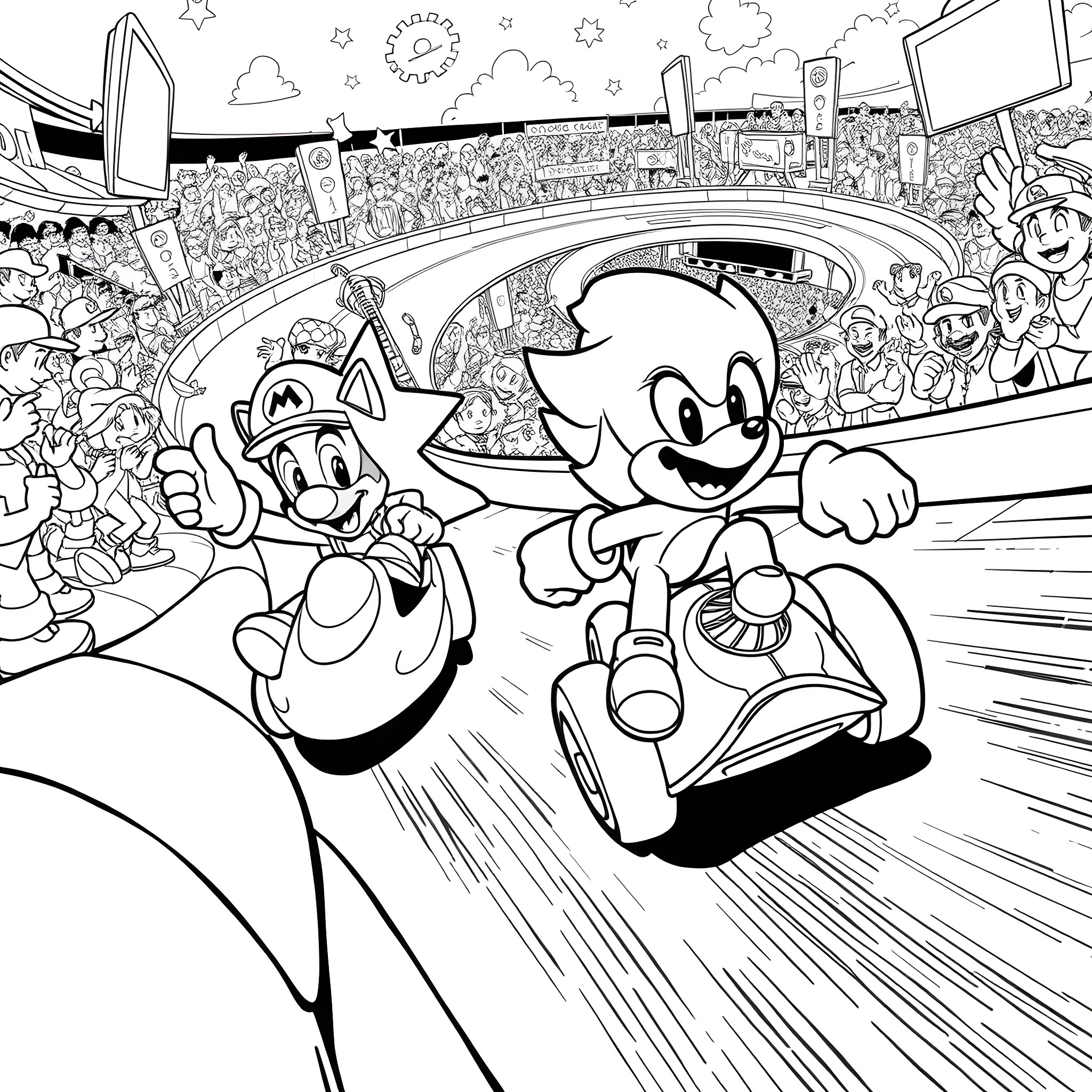Sonic and friends racing through a crowded stadium Coloring Page (free black-and-white line drawing printable PDF for all, from beginners to advanced learners, including children, teens, adults, and seniors)