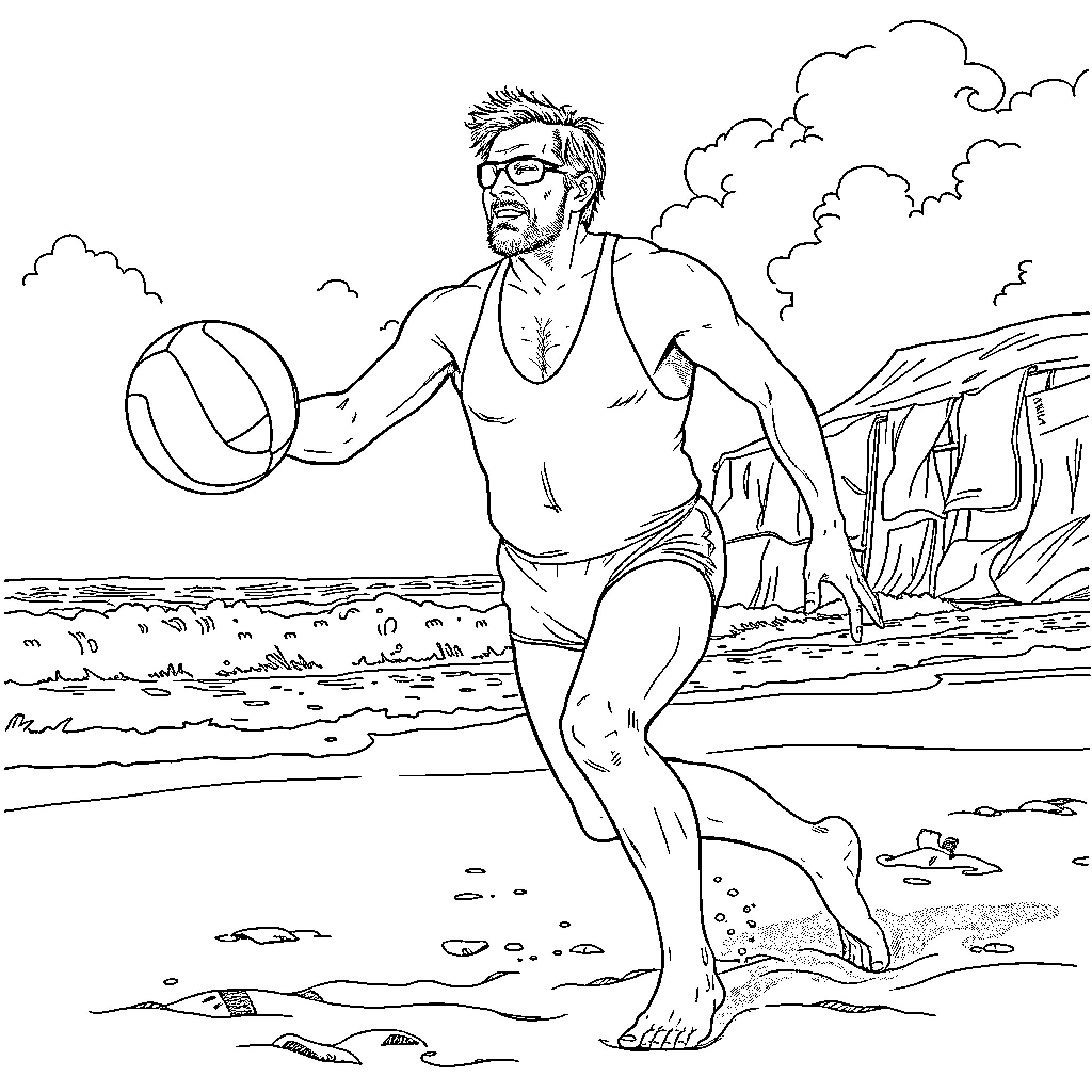 Hannibal Lecter playing volleyball on the beach Coloring Page (free black-and-white line drawing printable PDF for all, from beginners to advanced learners, including children, teens, adults, and seniors)