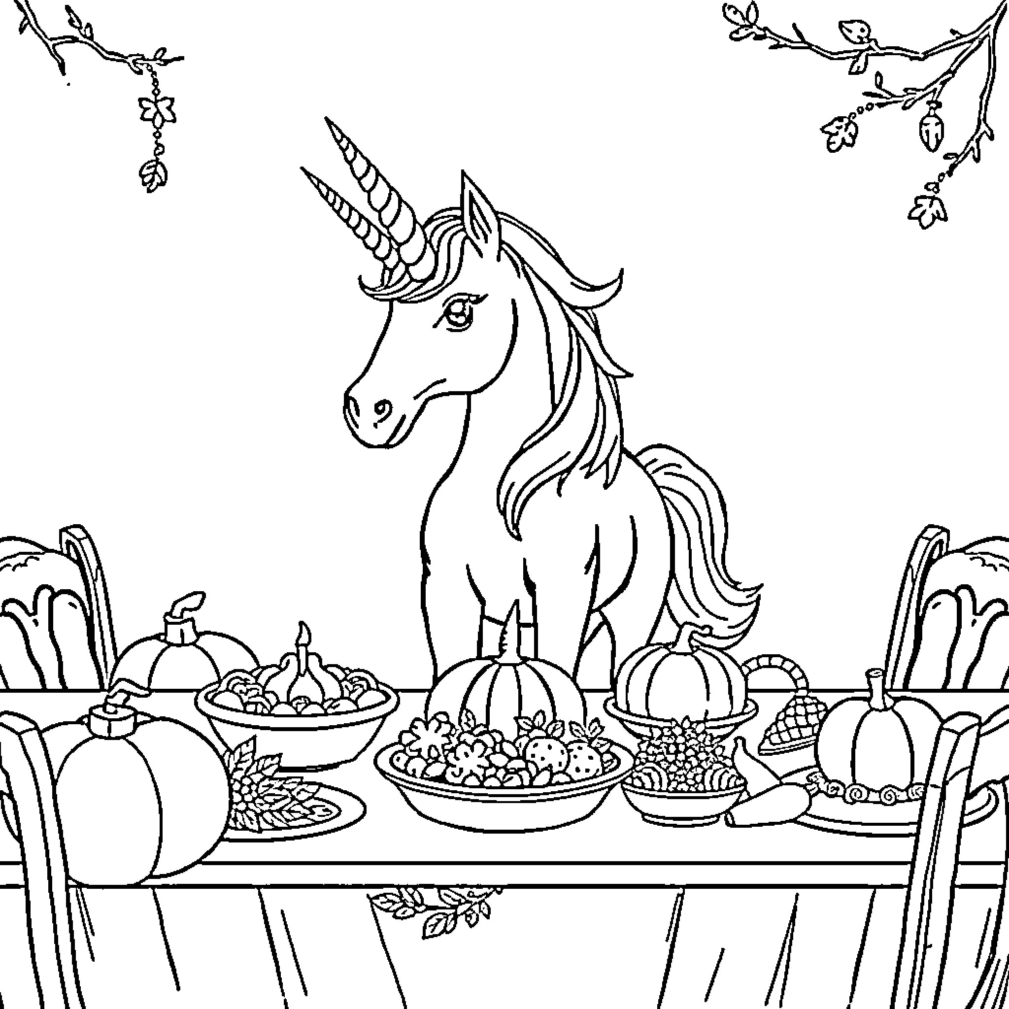 Unicorn feasting at Autumn harvest table Coloring Page (free black-and-white line drawing printable PDF for all, from beginners to advanced learners, including children, teens, adults, and seniors)
