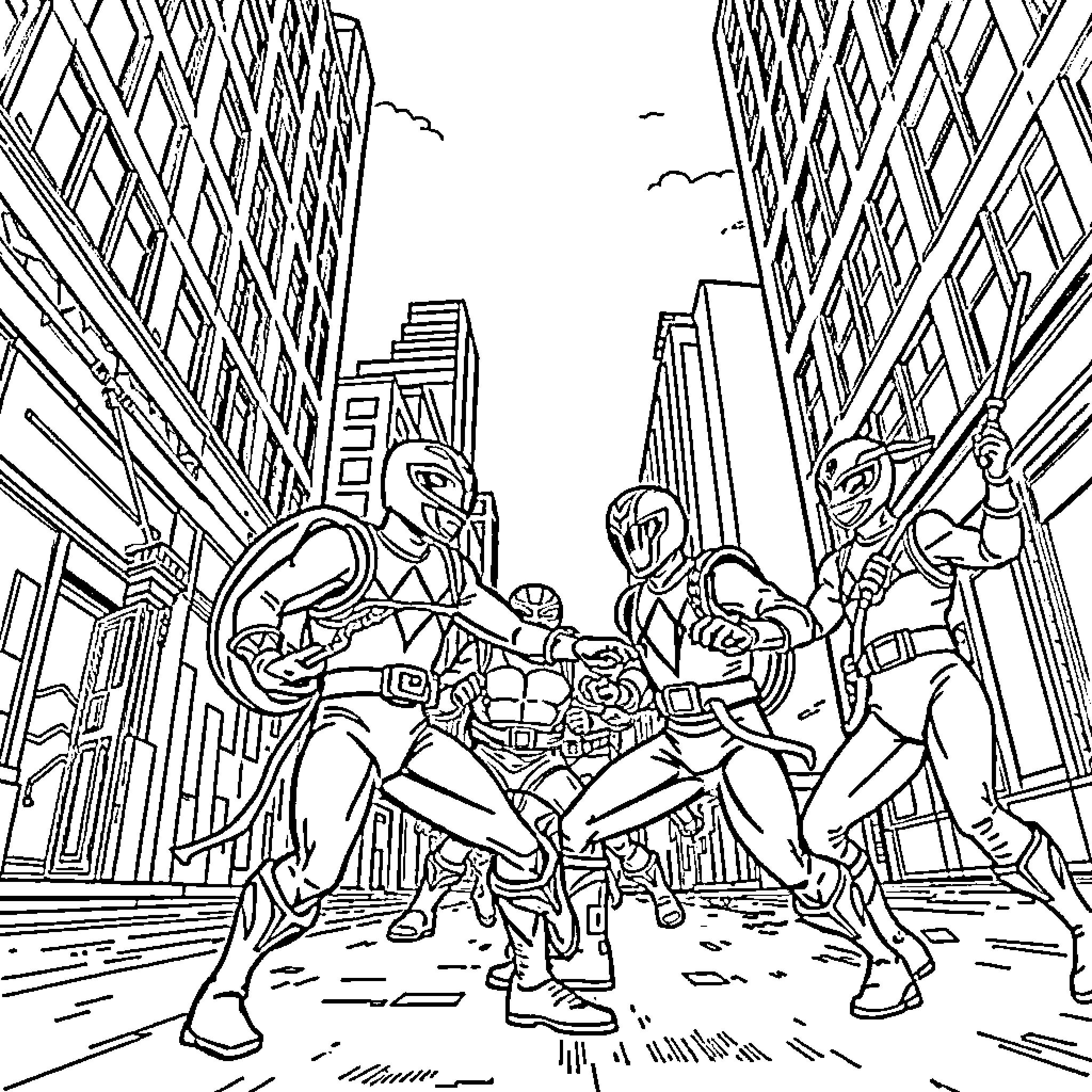 Power Rangers Heroic Poses in the Bustling City Coloring Page (free black-and-white line drawing printable PDF for all, from beginners to advanced learners, including children, teens, adults, and seniors)