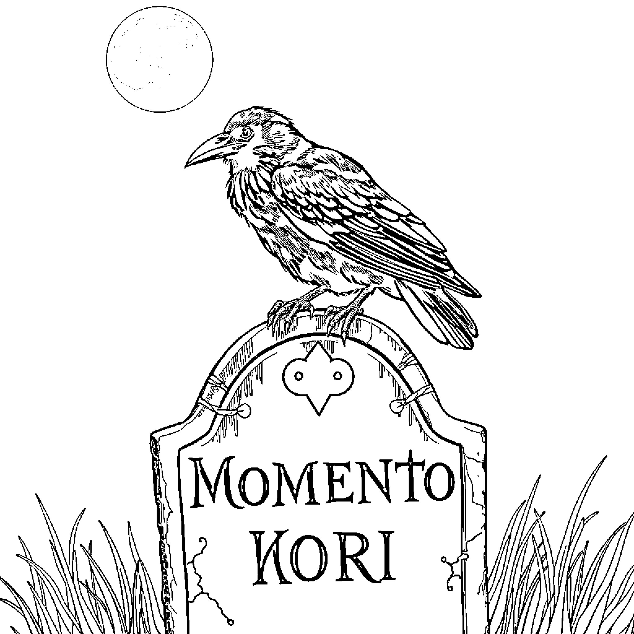 Raven perched on an ornate gravestone Coloring Page (free black-and-white line drawing printable PDF for all, from beginners to advanced learners, including children, teens, adults, and seniors)