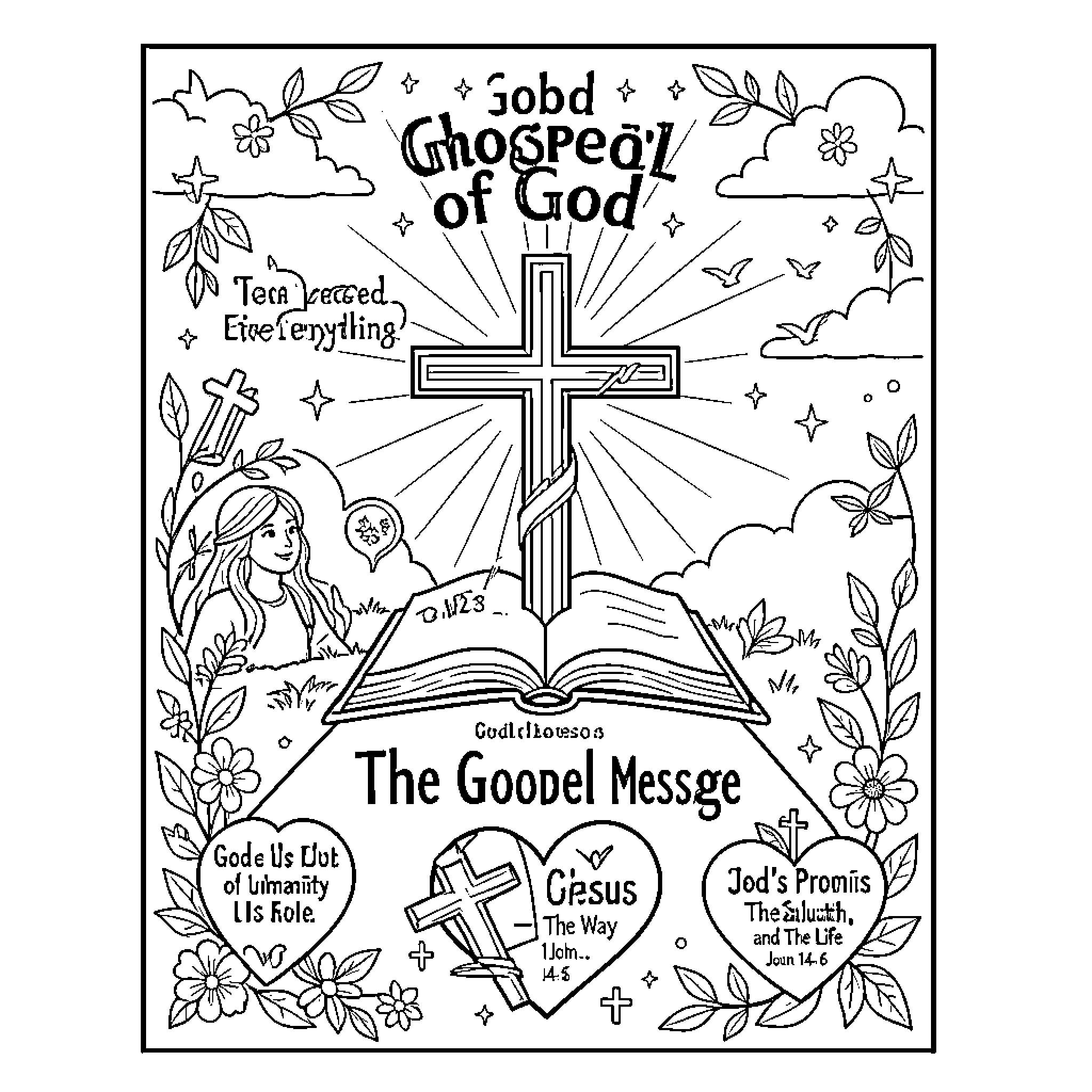 God presenting the gospel through a cross and scripture Coloring Page (free black-and-white line drawing printable PDF for all, from beginners to advanced learners, including children, teens, adults, and seniors)