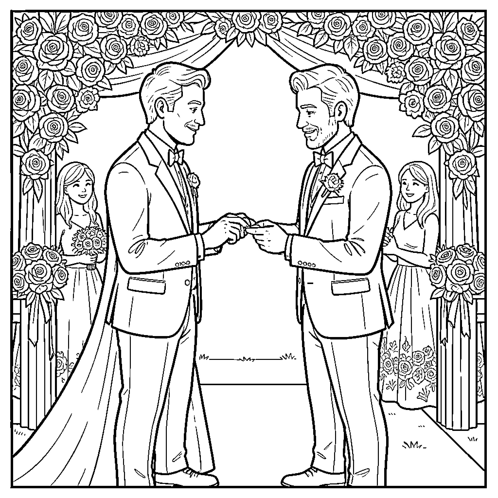 Man exchanging rings during a wedding ceremony Coloring Page (free black-and-white line drawing printable PDF for all, from beginners to advanced learners, including children, teens, adults, and seniors)