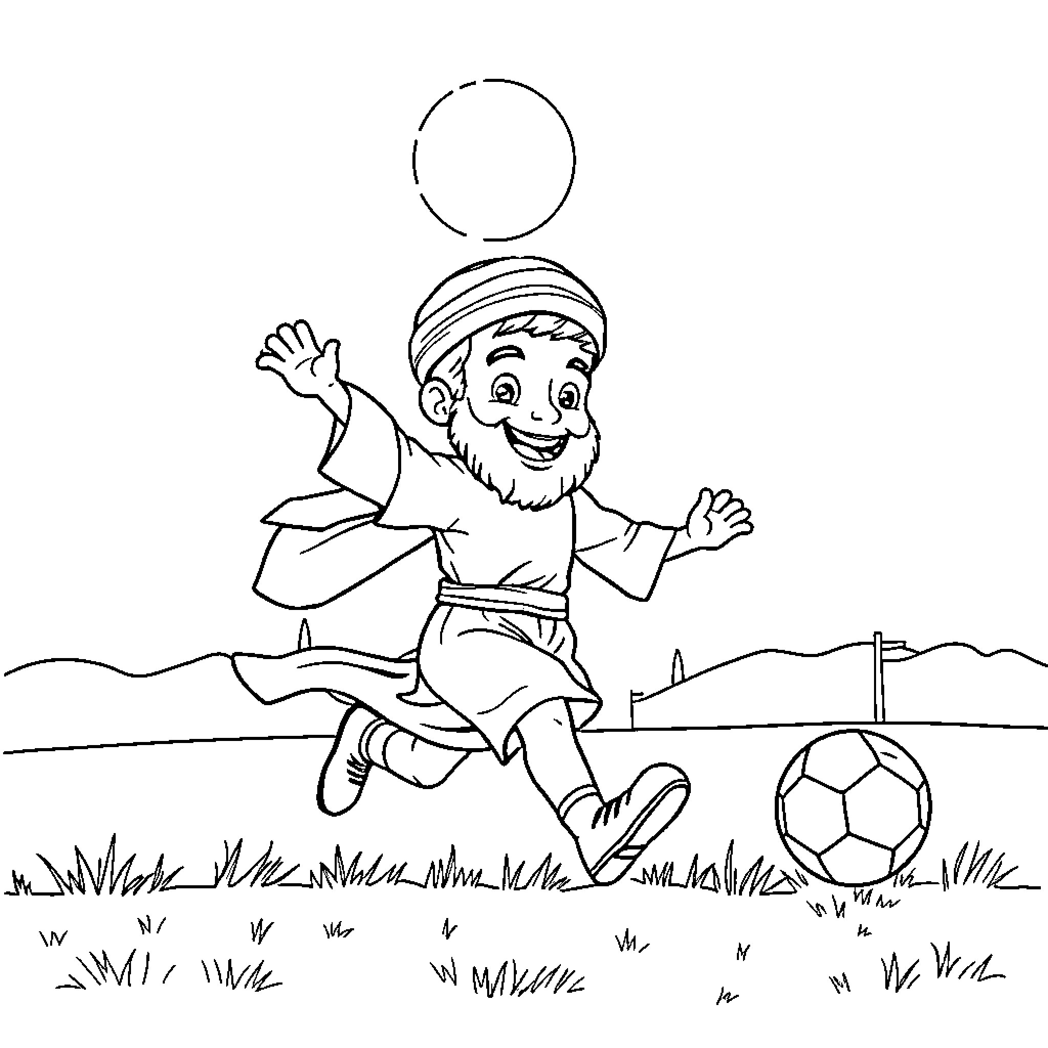 Rumi playing joyfully with soccer ball in the field Coloring Page (free black-and-white line drawing printable PDF for all, from beginners to advanced learners, including children, teens, adults, and seniors)