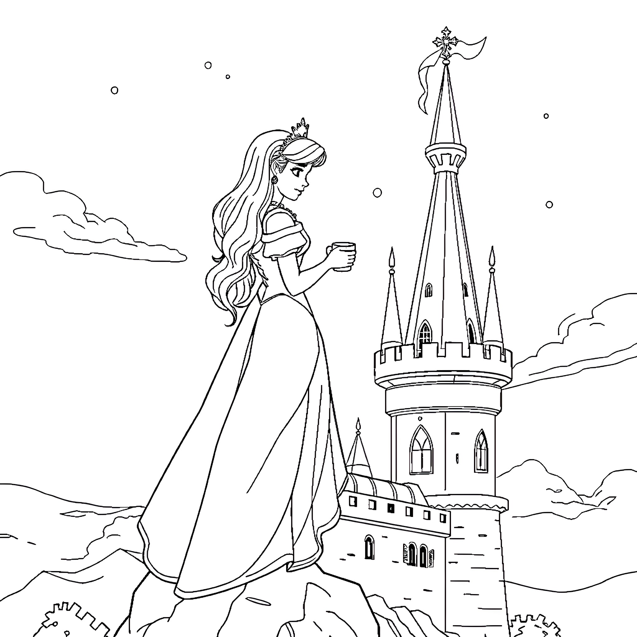 Princess exploring the grand castle in the sky Coloring Page (free black-and-white line drawing printable PDF for all, from beginners to advanced learners, including children, teens, adults, and seniors)