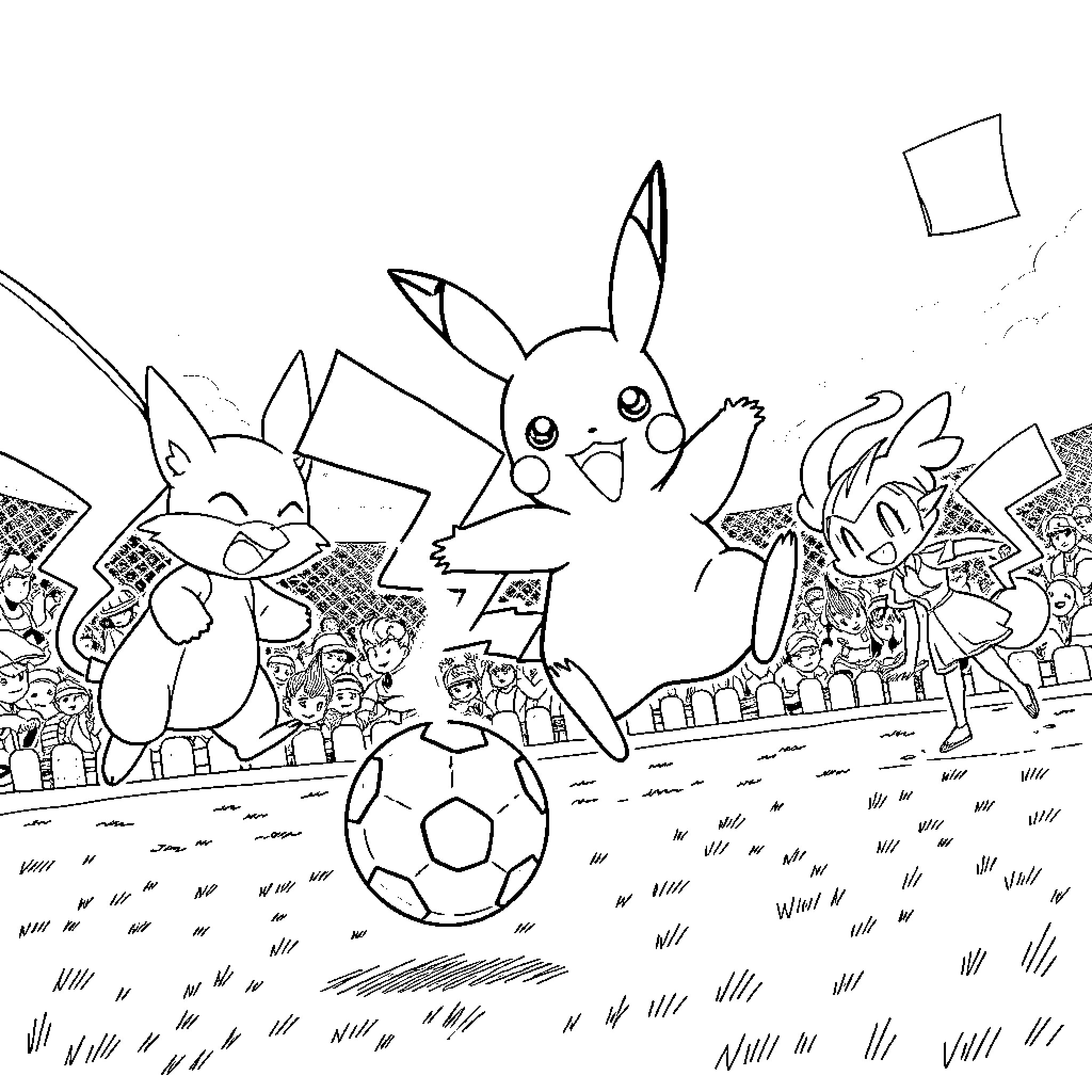 Pikachu and friends playing soccer in the field Coloring Page (free black-and-white line drawing printable PDF for all, from beginners to advanced learners, including children, teens, adults, and seniors)