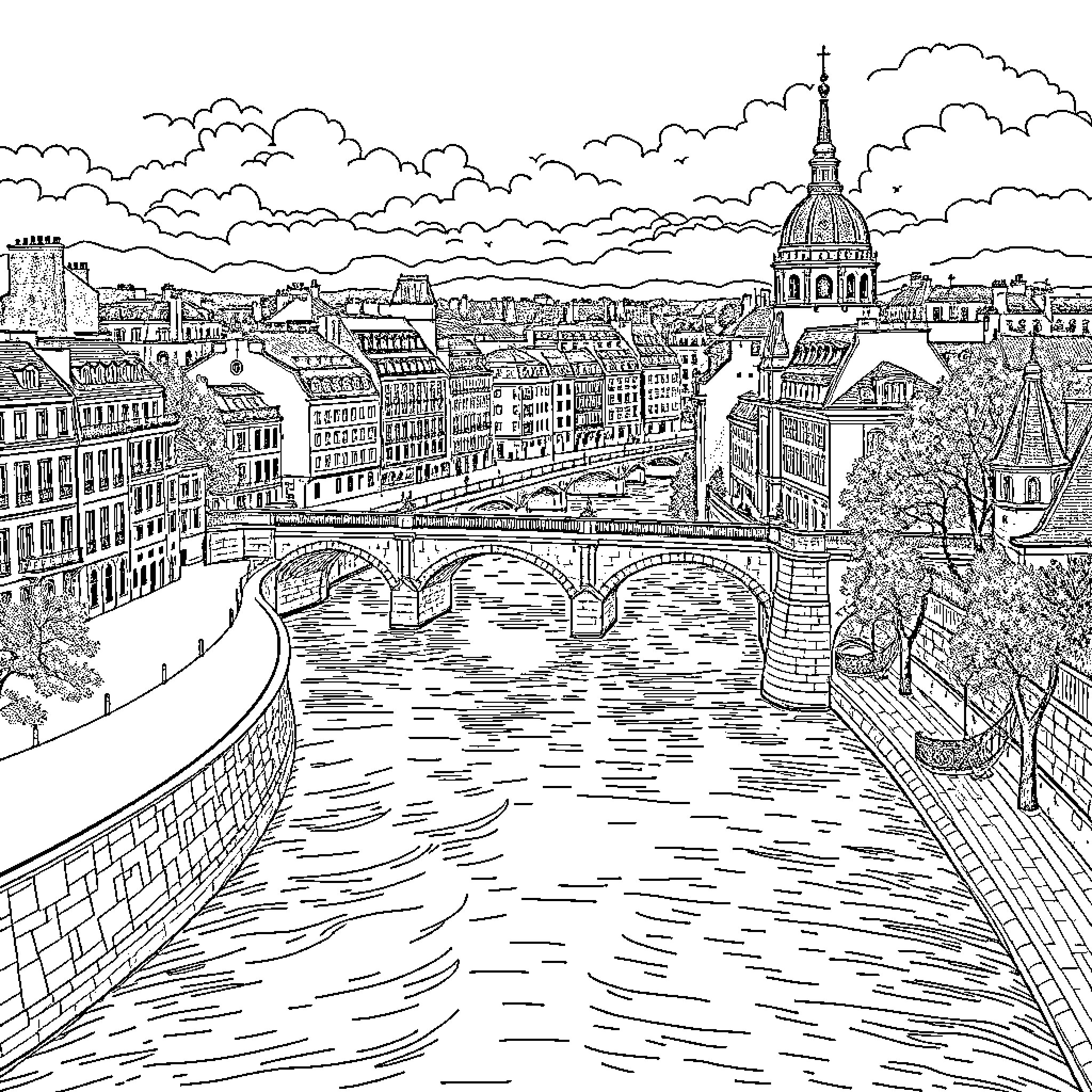 Seine River flowing through the cityscape of Paris Coloring Page (free black-and-white line drawing printable PDF for all, from beginners to advanced learners, including children, teens, adults, and seniors)