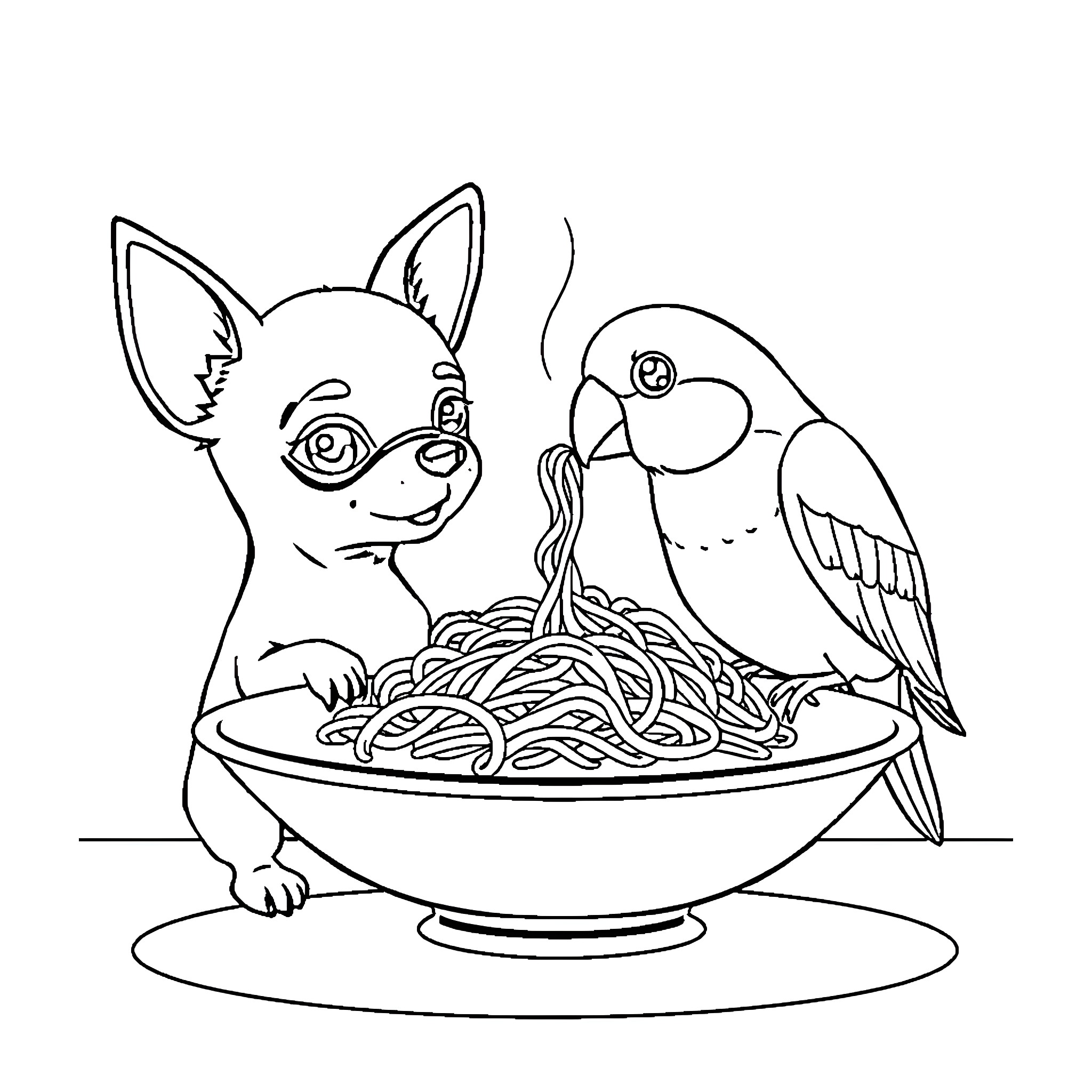 Chihuahua enjoying spaghetti with parrot companion Coloring Page (free black-and-white line drawing printable PDF for all, from beginners to advanced learners, including children, teens, adults, and seniors)